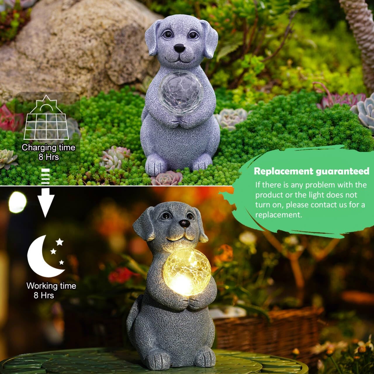 Dog Garden Statues - 8.4 Dog Decor with Gazing Ball LED Lights, Unique Gifts for Mom Grandma Birthdays, Outdoor Decor for Outside Lawn Porch Patio (Gray)