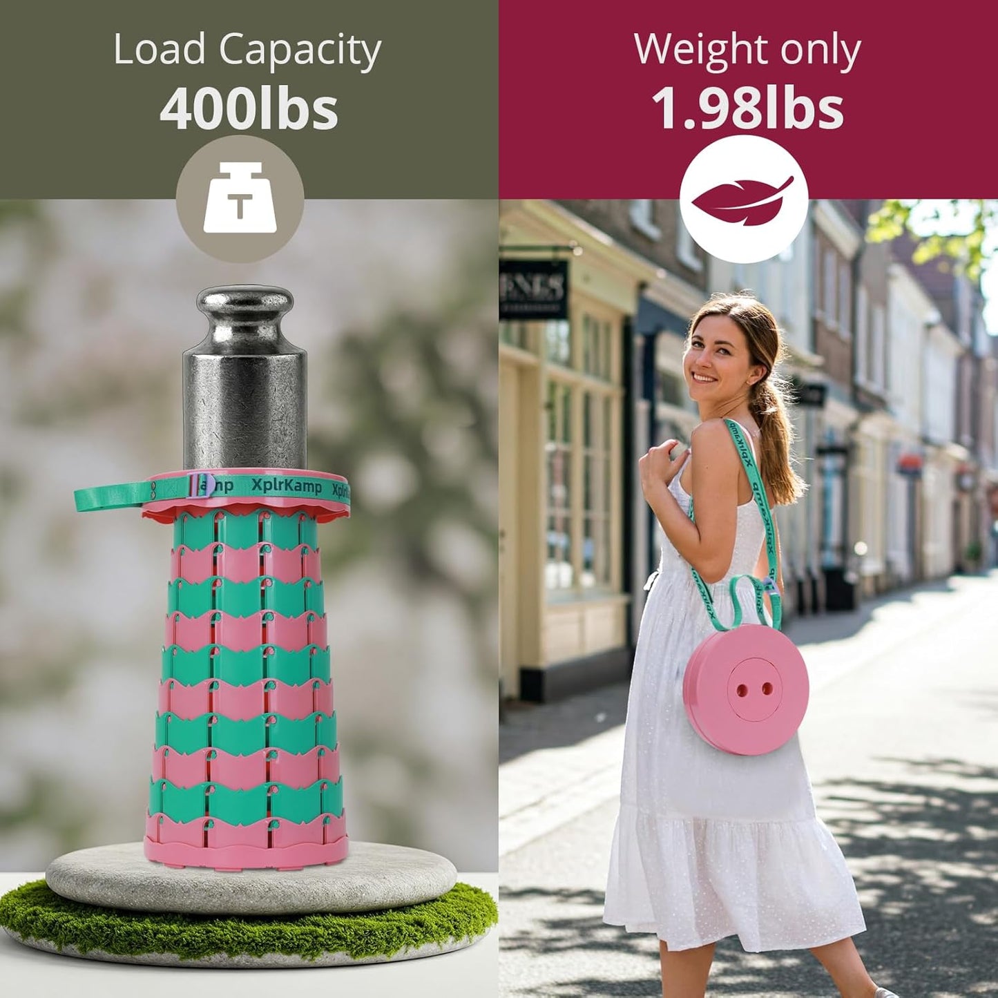 Retractable Folding Stool - Heavy Duty 400 lb Collapsible Portable Stool for Camping, Hiking, Fishing, Indoor/Outdoor with Non-Slip Base and Lightweight Design (Pink Green, 2-Pack)