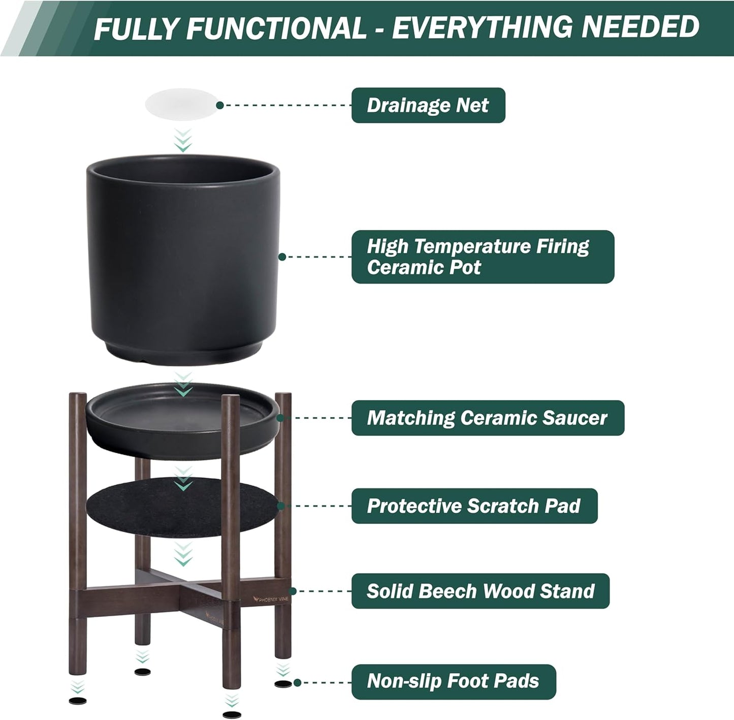 D'vine Dev Ceramic Planter with Walnut Color Stand - 10 Inch Modern Round Flower Pot with Wood Planter Holder, Black, 55-B-X-2