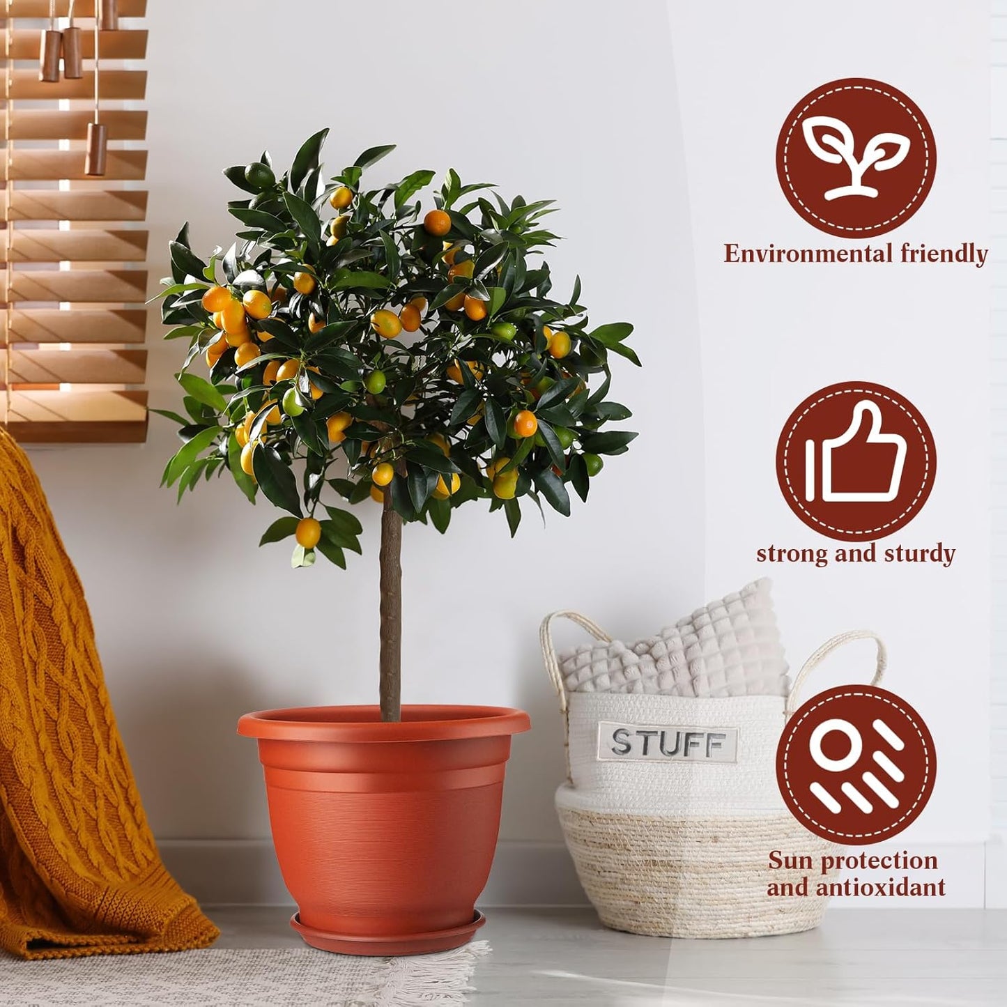 12 Pack 8+'' Plastic Plant Pots Round Planter Pots with Saucer Tray Seedling Pots with Holes Seed Resin Plant Pot Starting Nursery Flower Container with Pallet for Garden Outdoor Indoor