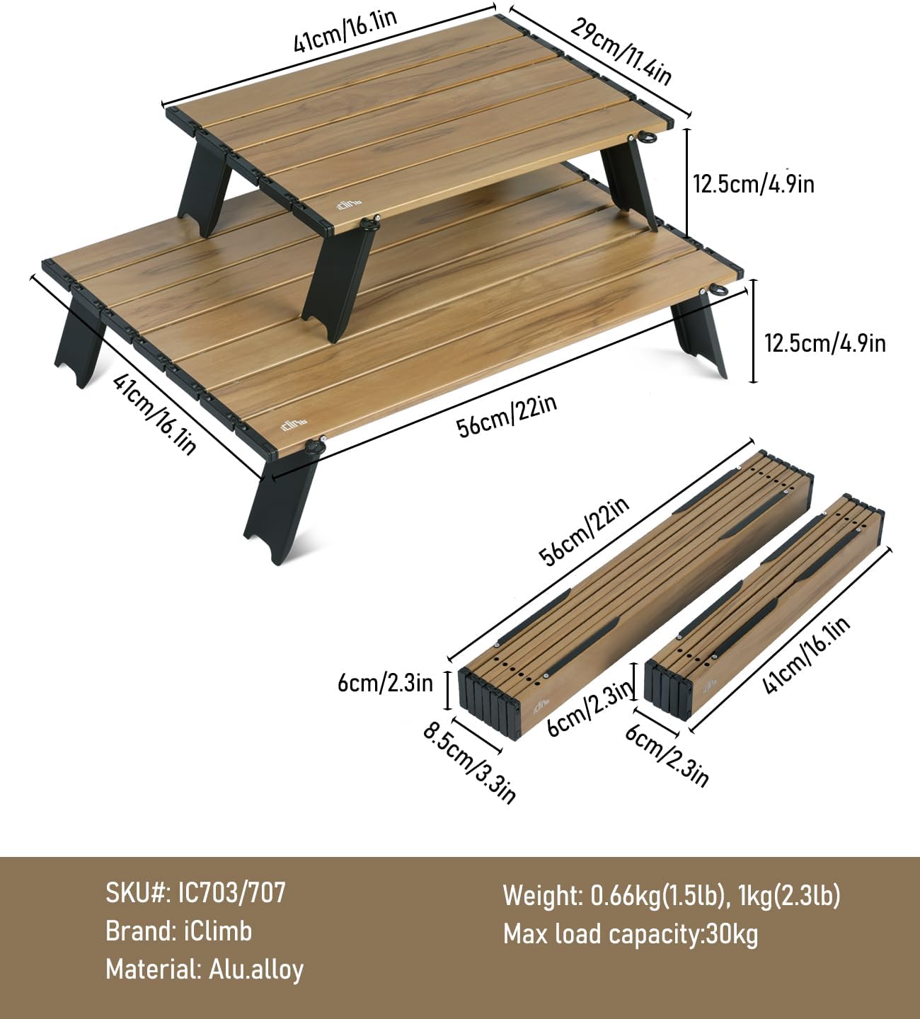 iClimb Ultralight Compact Mini Beach Picnic Folding Alu. Table with Carry Bag, Two Size (Nature - S)