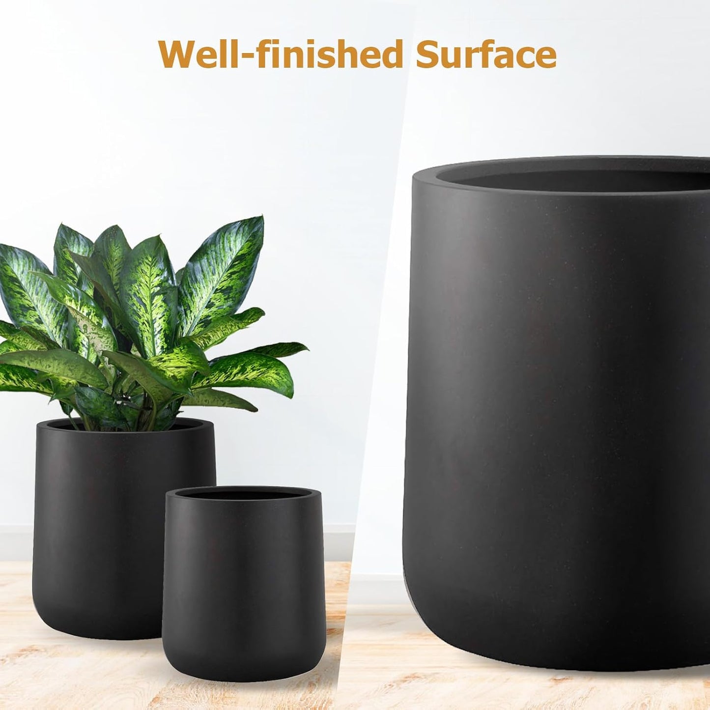 13" H x 12.6" D Conico Fiberstone Round Planter with Drainage Hole, Smooth Finishes, Weather Resistant for Indoor and Outdoor Use, Included 2 Extra Coco Mats (Black, 10" Pot Opening)