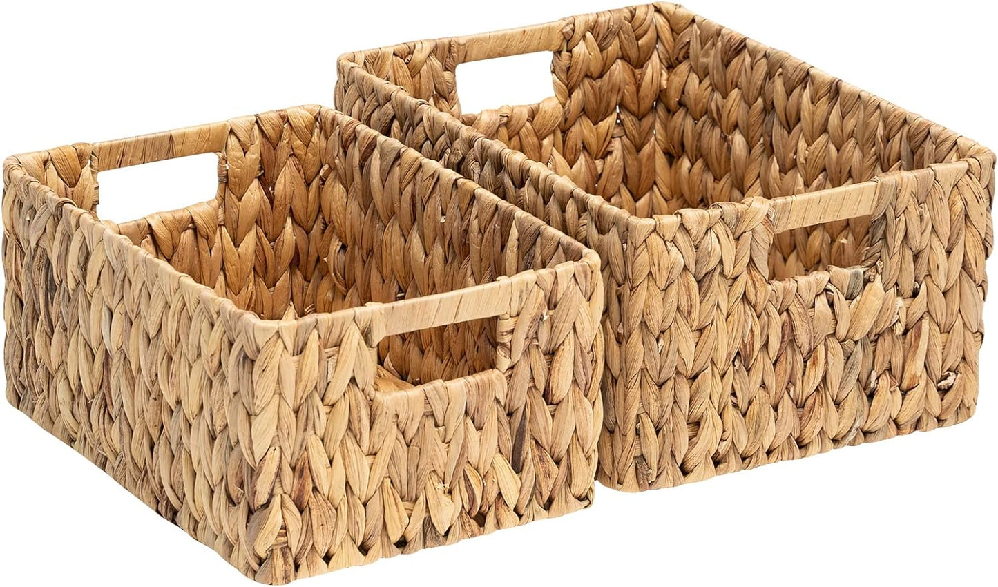 FairyHaus Wicker Baskets 15x11x7 & 13.4x9.5x6.5, 2 Pack Handmade Big Wicker Storage Basket with Handles, Natural Water Hyacinth Wicker Baskets for Storage Shelves Organizing, Rectangle Wicker Basket