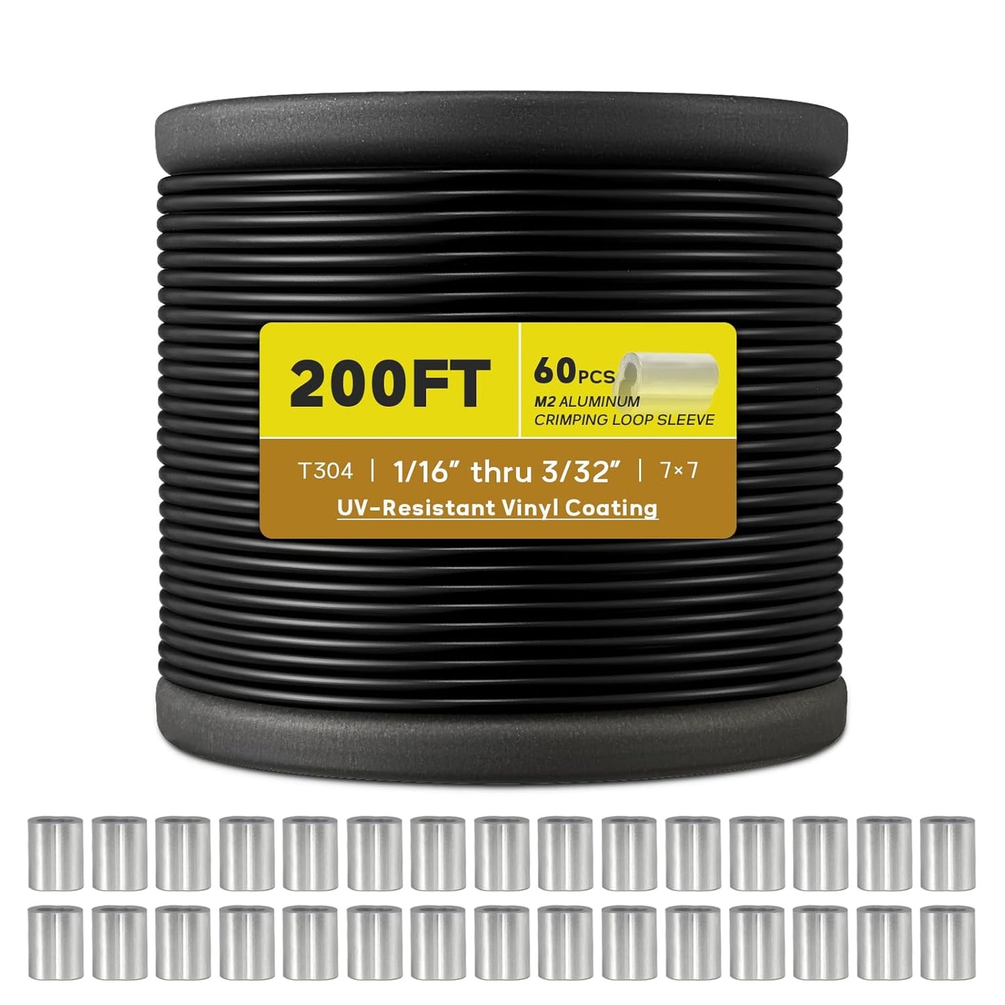 Vinyl Coated Wire Rope 1/16 Inch Overmolded to 3/32 Inch, 200FT 304 Stainless Steel Cable with 60 Pcs Crimping Sleeves for String Light Hanging Kit, Clotheslines and Trellis Wire