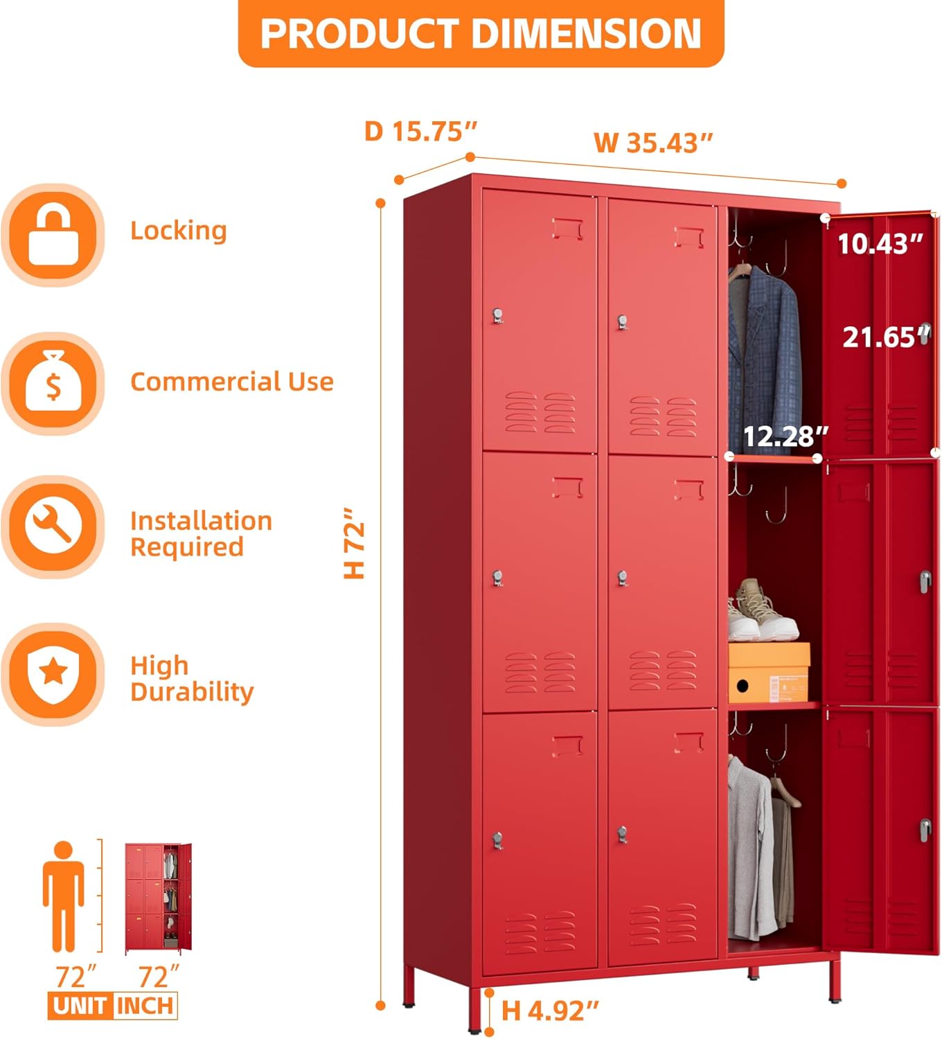 9 Doors Metal Lockers for Employees with 27 Hooks, Storage Locker with Business Card Holder for Office Gym School Bedroom, Assembly Required, Red