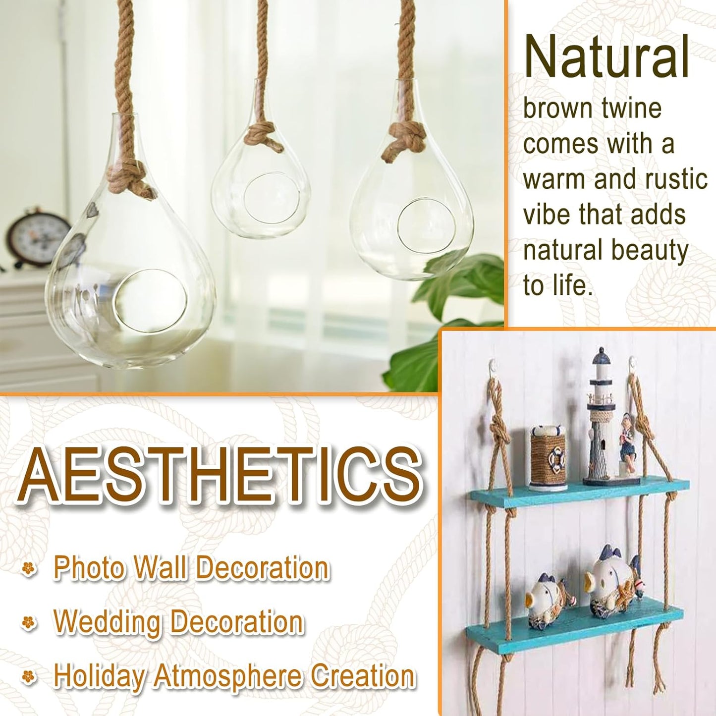 6mm Jute Twine String, 164 Feet 4 Ply Thick Heavy Duty Twine Rope for Crafts, Cat Scratching Post, Cats Toy Making, Gardening Plant, Packing, Bundling, Christmas, Wedding Decor