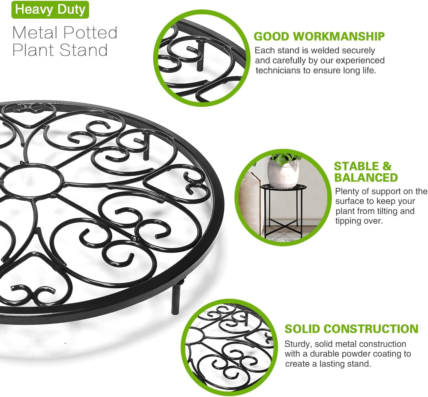 Plant Stand Indoor Outdoor, 15" Tall Flower Pot Stand, Round Metal Corner Plant Stand for Flower Pot, Rustproof Flower Plant Holder for Home, Garden, Patio, Plant Lovers, Housewarming (Set of 1)