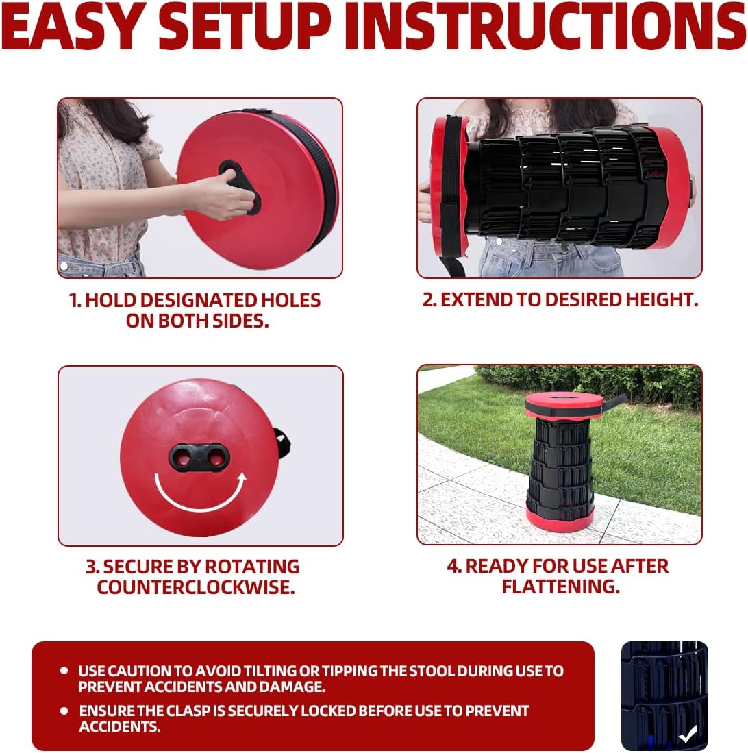 Portable Collapsible Stool - 4 Pillars Large Weight Capacity Travel-Friendly Folding Stool, Easy to Use Lightweight Telescoping Seat for Outdoor Activities, Camping & Hiking (Red)