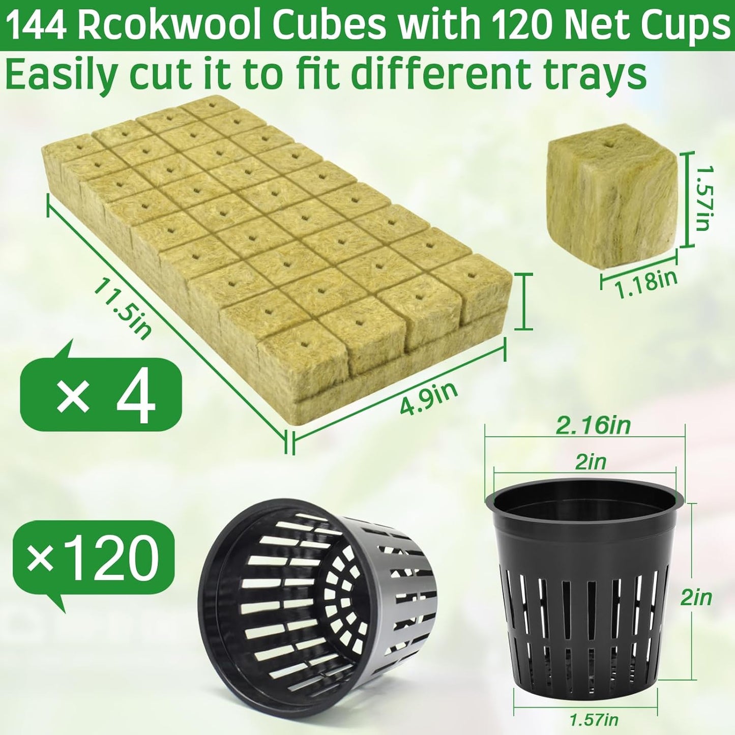 Halatool 144PCS 1.2-Inch Rockwool Cubes with 120PCS 2-Inch Net Cups for Hydroponics Great Hydroponic Kit for Cuttings Clone Plant Propagation Seed Starting & Soilless Cultivation