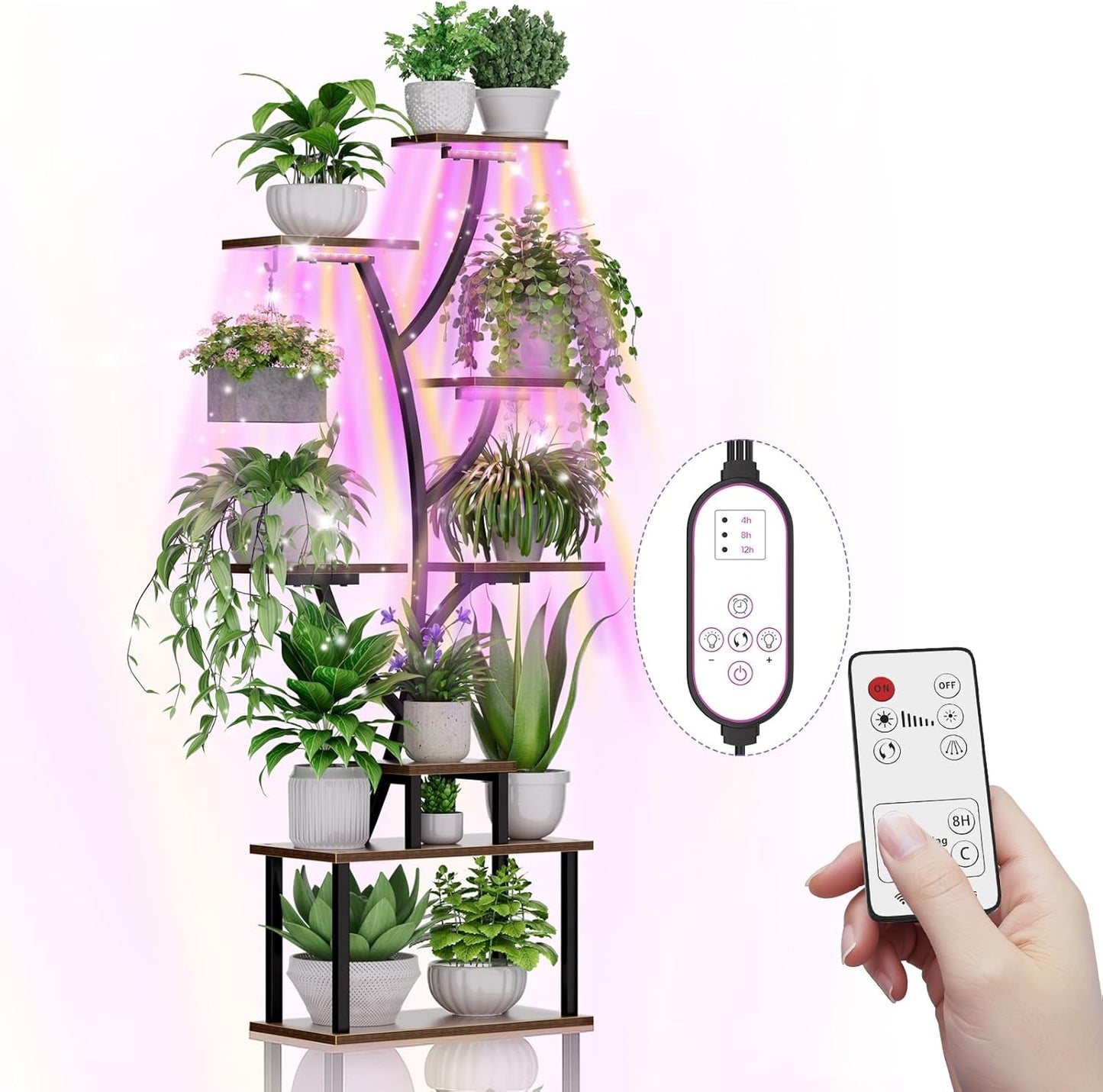 Plant Stand Indoor, 8 Tiered 64" Tall Plant Stands with Grow Lights, Metal Plant Shelf for Multiple Plants, Corner Plant Stand, Modern Home Decor for Living Room, Patio