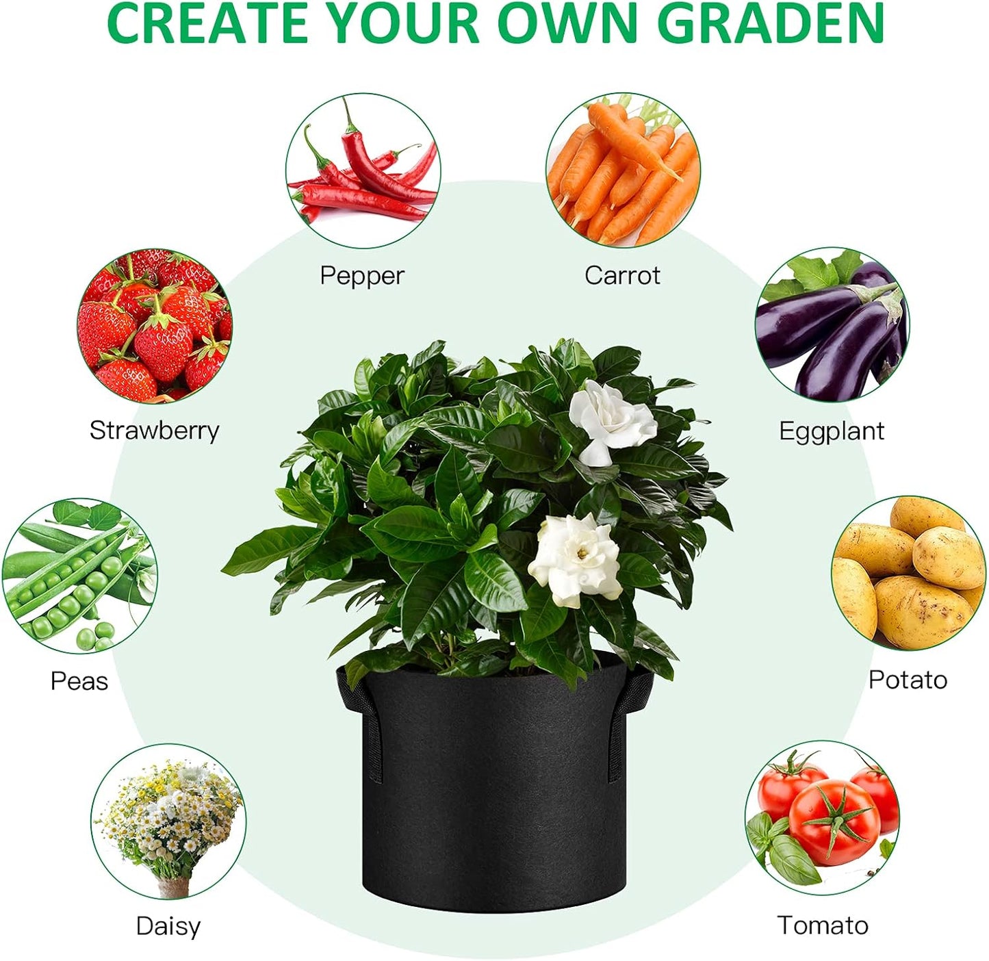 12-Pack 5 Gallon Thickened Non-Woven Grow Bags, Aeration Fabric Pots with Handles