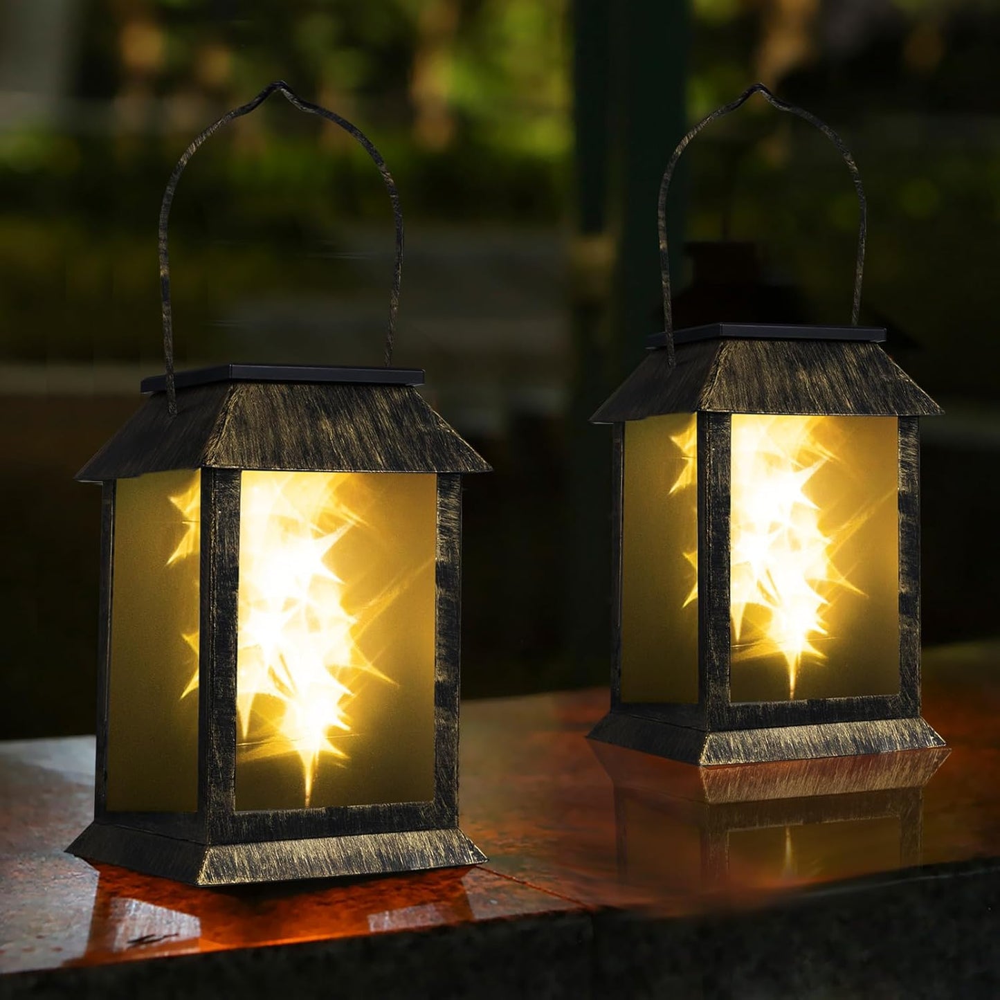 2 Packs Solar-Powered Outdoor Lanterns Vintage Garden Decorative Light Auto Dusk to Dawn Hanging Lantern Warm Glow Courtyard Landscape Lights IP54 Waterproof