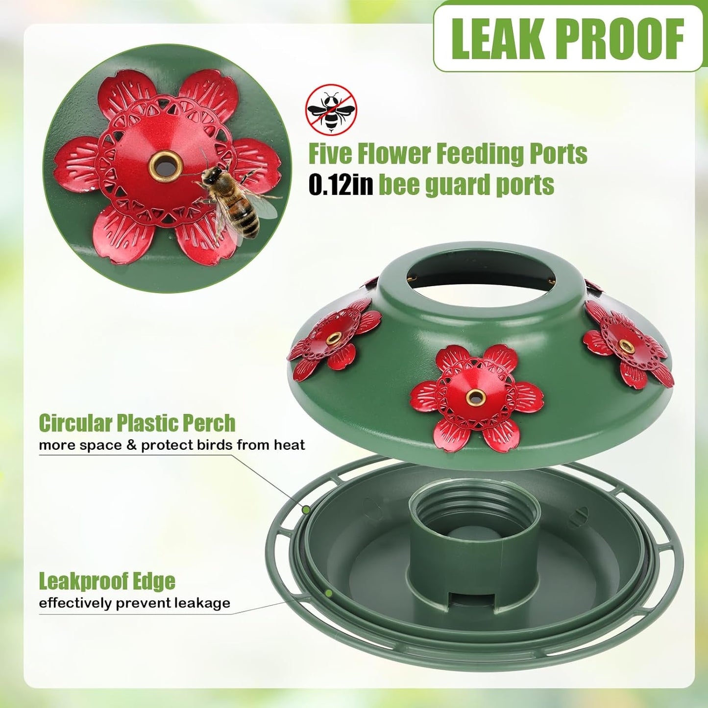 BOLITE Hummingbird Feeder, Glass Hummingbird Feeders for Outdoors Hanging, 22 Ounce, Five Feeding Ports with Perch, Peony Flower Shape, Orange and Green, Gifts for Women Men, Gifts for Mom Dad