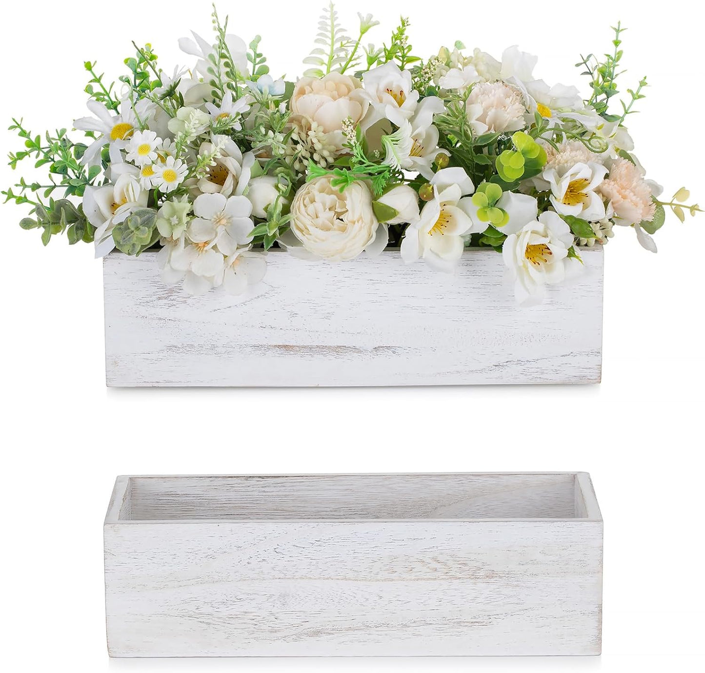 NUPTIO Wooden Box Centerpiece for Table: 2 Pcs 11.8" Long Wood Rectangle Planter Boxes - Farmhouse Washed White Planters for Fall Wedding Dining Living Room Window Mantel Table Decor