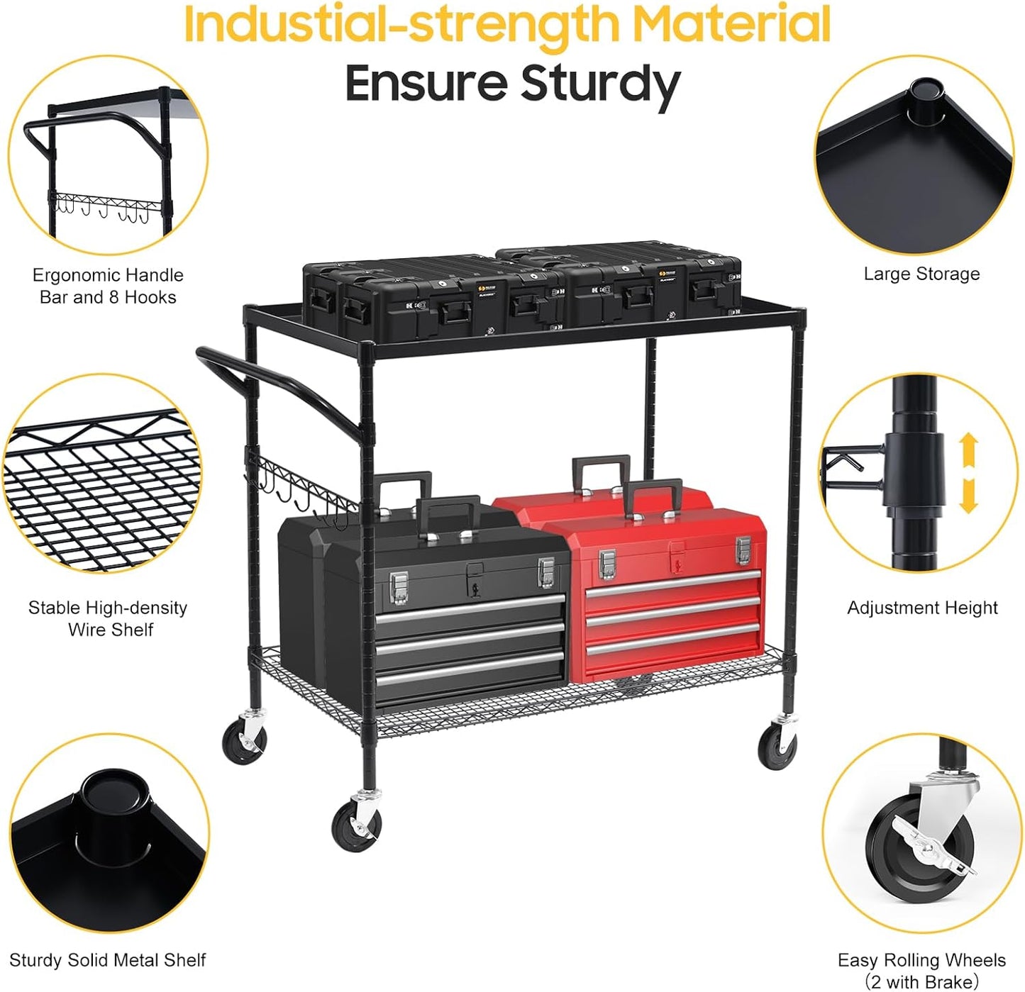 WDT 2-Tier Utility Cart with Wheels, Metal Cart with 1000LBS Capacity, NSF Heavy Duty Rolling Cart, Commercial Grade Serving Tool Storage Carts for Warehouse Garage Kitchen, 24"D x 45"W x 39"H, Black
