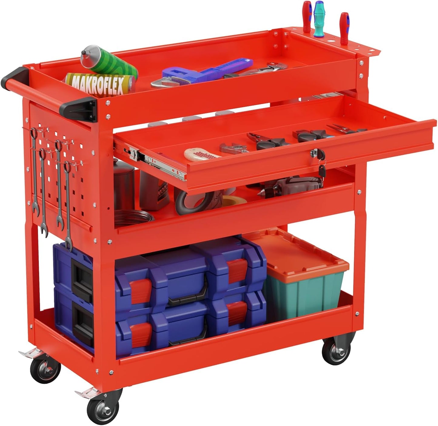 3-Tier Heavy Duty Utility Cart on Wheels, Rolling Tool Cart on Wheels with a Drawer, 350 Lbs Load Capacity Rolling Tool Storage Organizer for Garage, Warehouse and Repair Shop(Red)