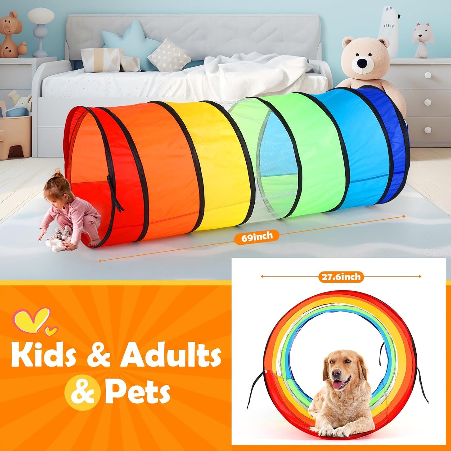 2 Pcs Giant 27.6 Inch Play Tunnel for Kids and Large Dogs Colorful Crawl Tunnel Toy for Toddlers with Breathable Mesh Game Tent Toy Girl Boy Gift