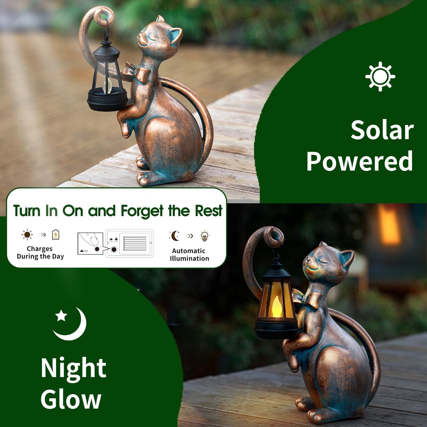 WHIMSYNOOK 10.7" Bronze Cat Solar Garden Statue Light – Cute Kitty Design, Bronze Finish, Solar-Powered LED, Outdoor Yard & Lawn Décor, for Cat Lovers, Mom, and Garden Enthusiasts