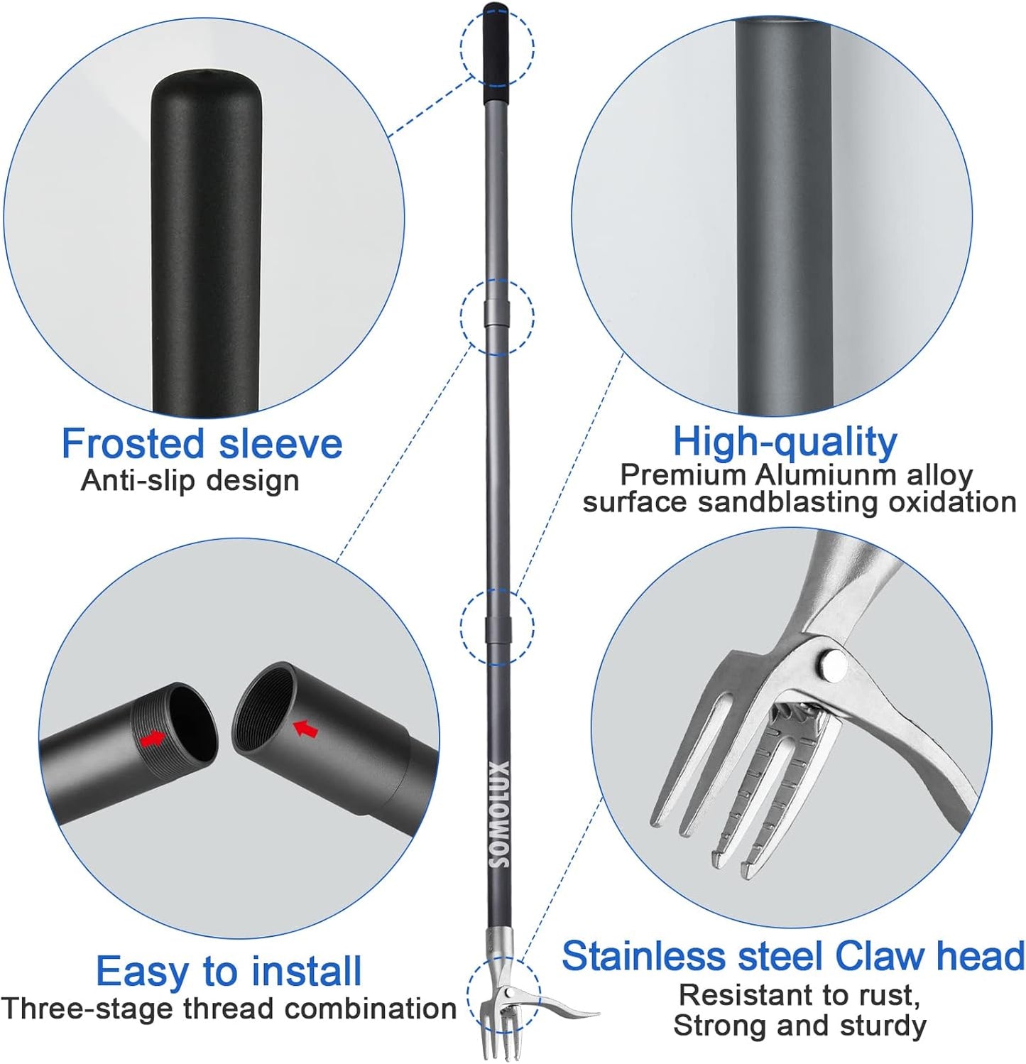 SOMOLUX 52'' Weed Puller Stand-up Weeder Weeding Tool for Gardening Heavy-duty Stainless Steel Claw with Long Metal Handle Weed Remove Tool for Lawn/Yard and Garden without Bending or Kneeling