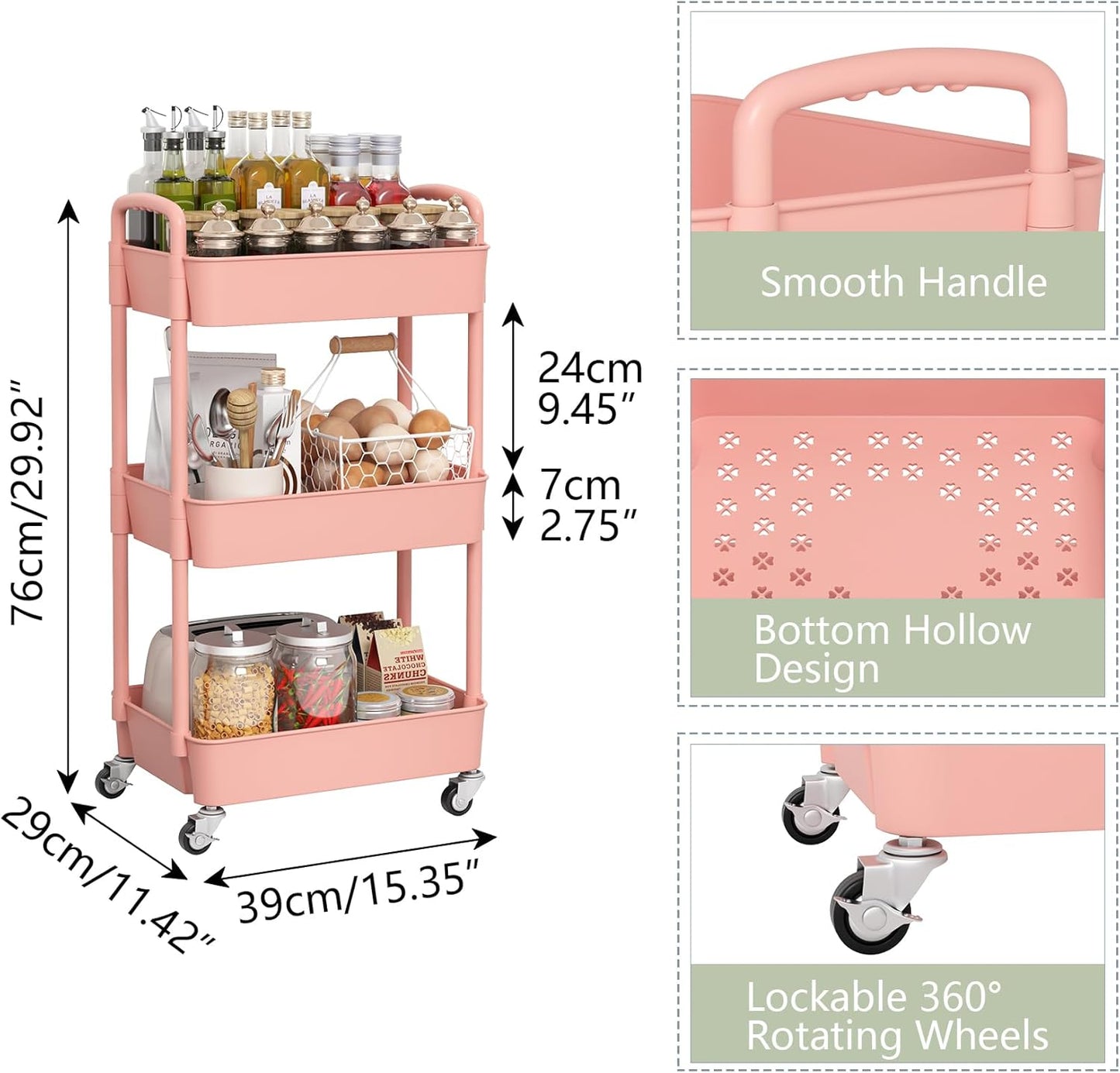 Sywhitta 3-Tier Plastic Rolling Utility Cart with Handle, Multi-Functional Storage Trolley for Office, Living Room, Kitchen, Movable Storage Organizer with Wheels, Pink