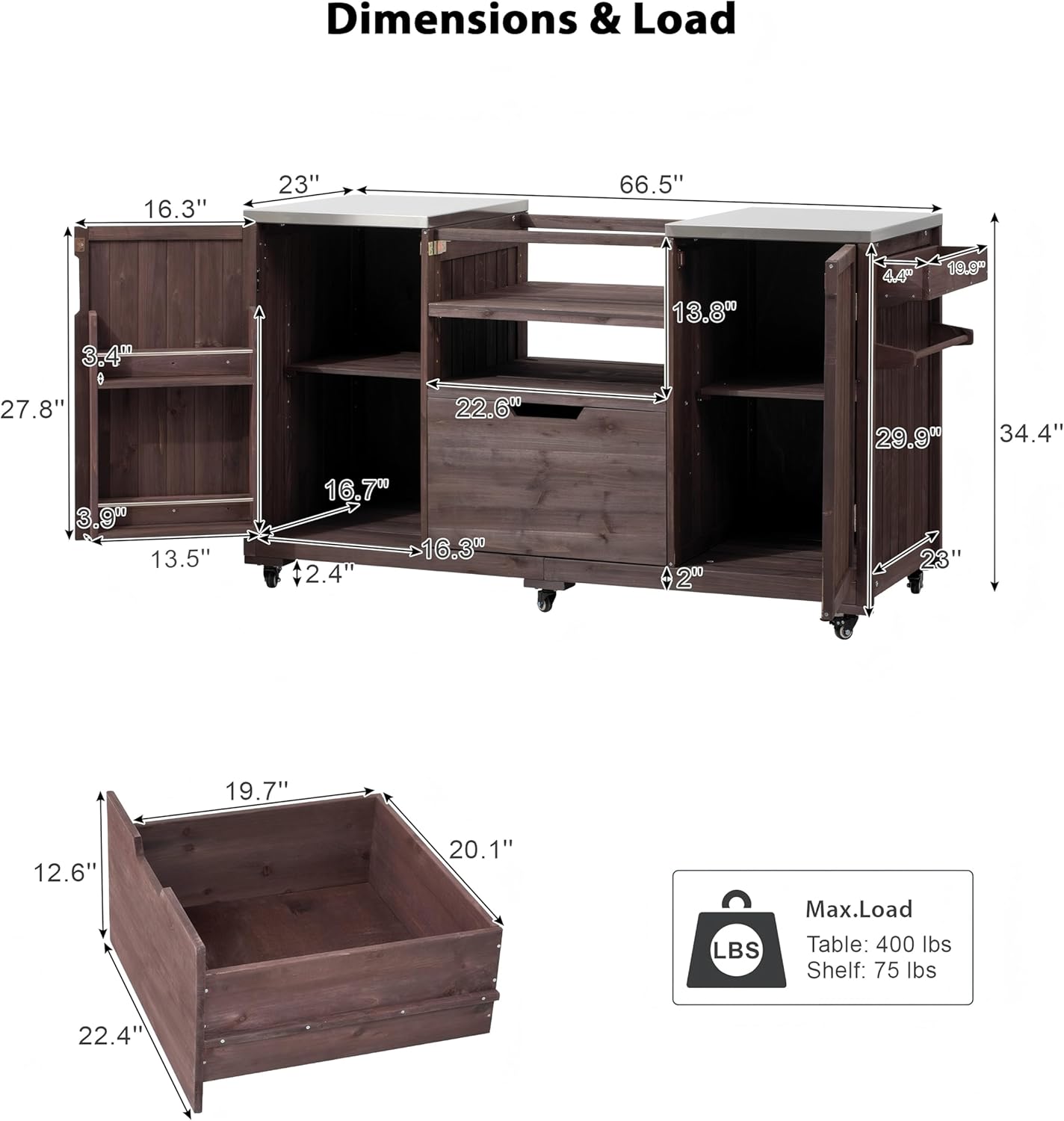 Merax 66.5" Outdoor Grill Table for Big Green Egg, Farmhouse Kitchen Island on Wheels with Stainless Steel Tabletop, Drawer and Spice Rack, Solid Wood Outdoor Storage Cabinet for Backyard, Dark Brown