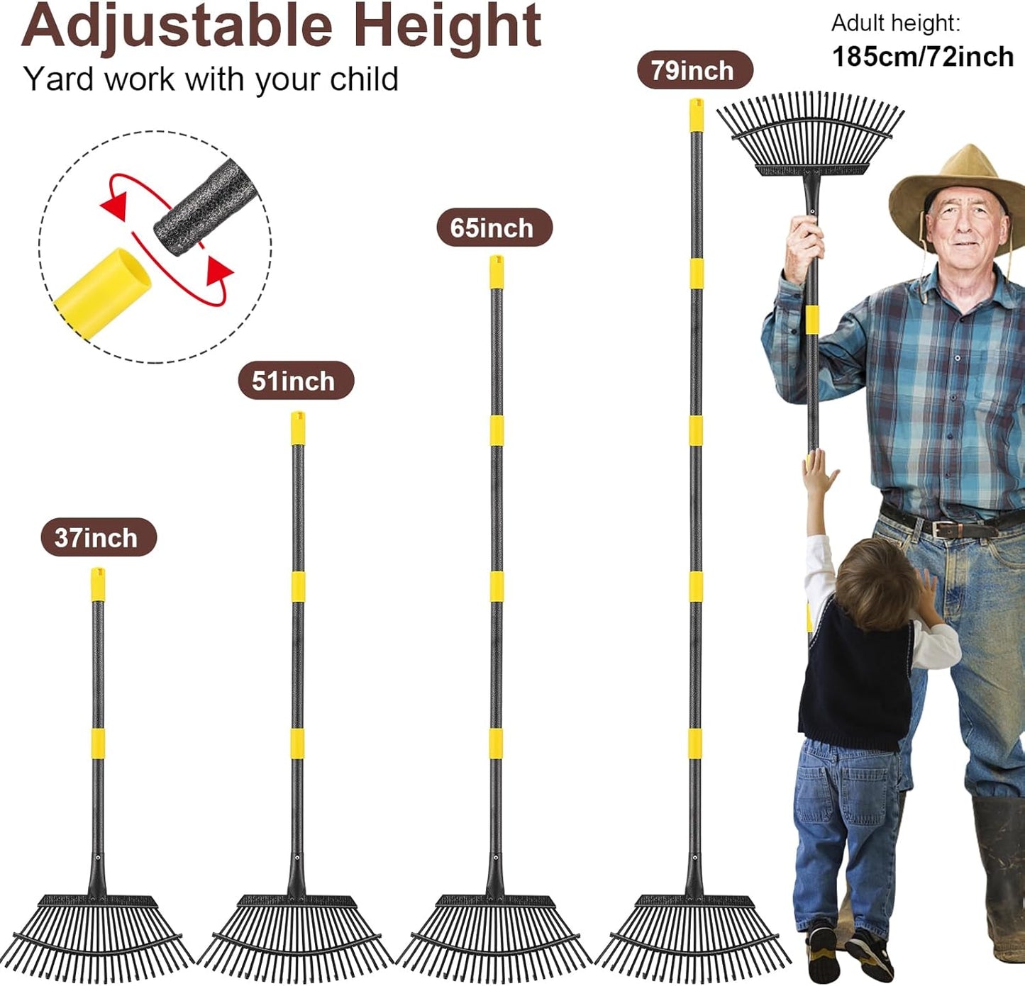 Metal Garden Rake, 6FT Rake for Leaves Lawns, 25 Metal Tines 18 inch Wide with Adjustable Handle Heavy Duty Yard Leaf Rakes for Gardening