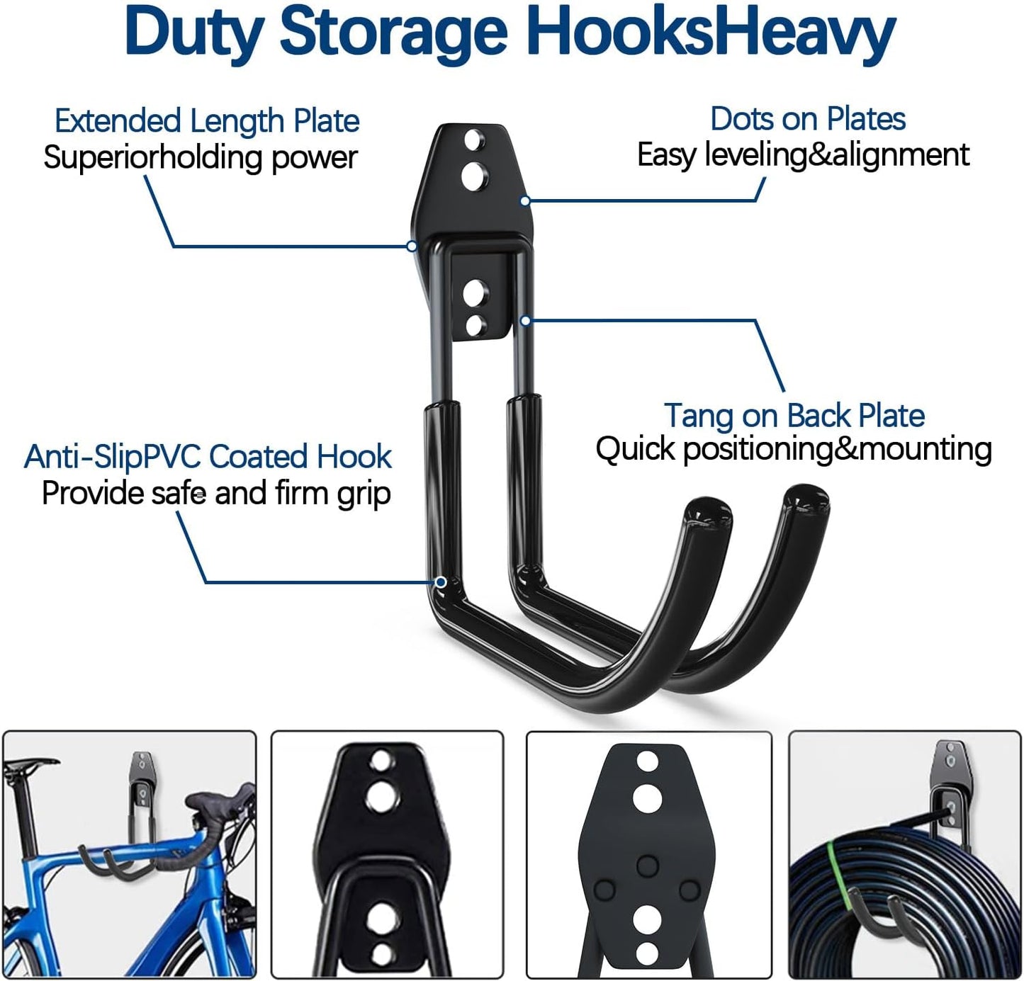 3-H Large Garden Hose Holder Wall Mount 4 Pack,Solid Steel Hose Hanger,Water Hose Holders for Outside,Perfect for Hanging Outdoor Air Hose,Ropes,Pipes,Garden Tools,Ladders,Bikes,Bulk Items(Black)