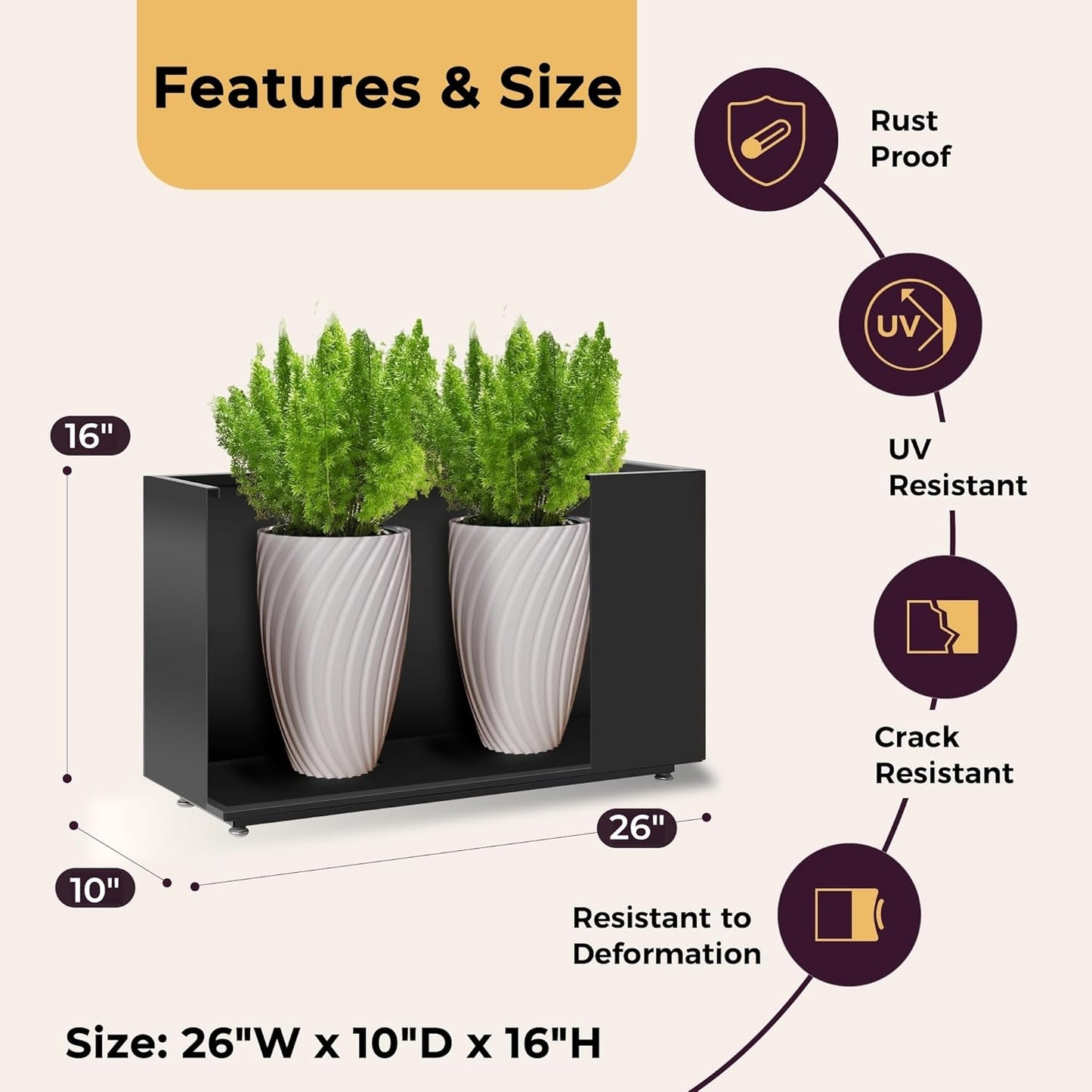 Outdoor Metal Planter Box 26Wx10Dx16H, Large Rectangular Trough Planters, Easy 5-Min Assembly, Modern Plant Container with Drainage Holes, Heavy Duty, Weather Resistant, Black