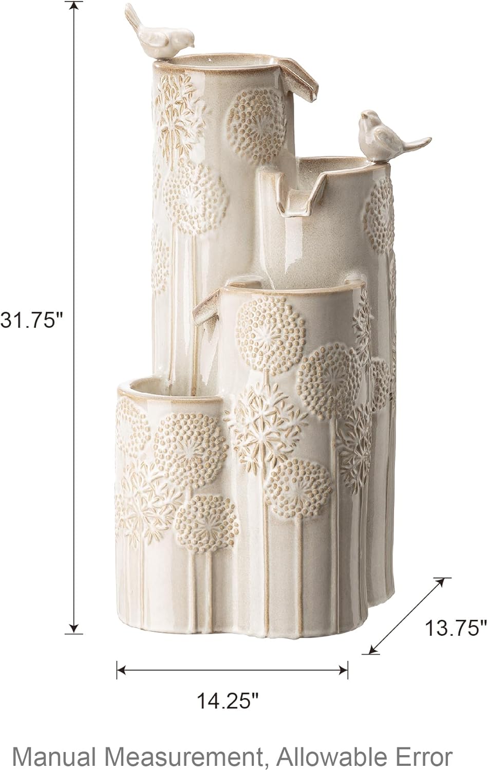 Glitzhome 31.75" H Outdoor Water Fountain with LED Lights and Pump, 4 Tier Dandelion Texture Vase Shaped Ceramic Floor Standing Fountain with Birds for Porch Deck Garden Patio Backyard, Sand Beige