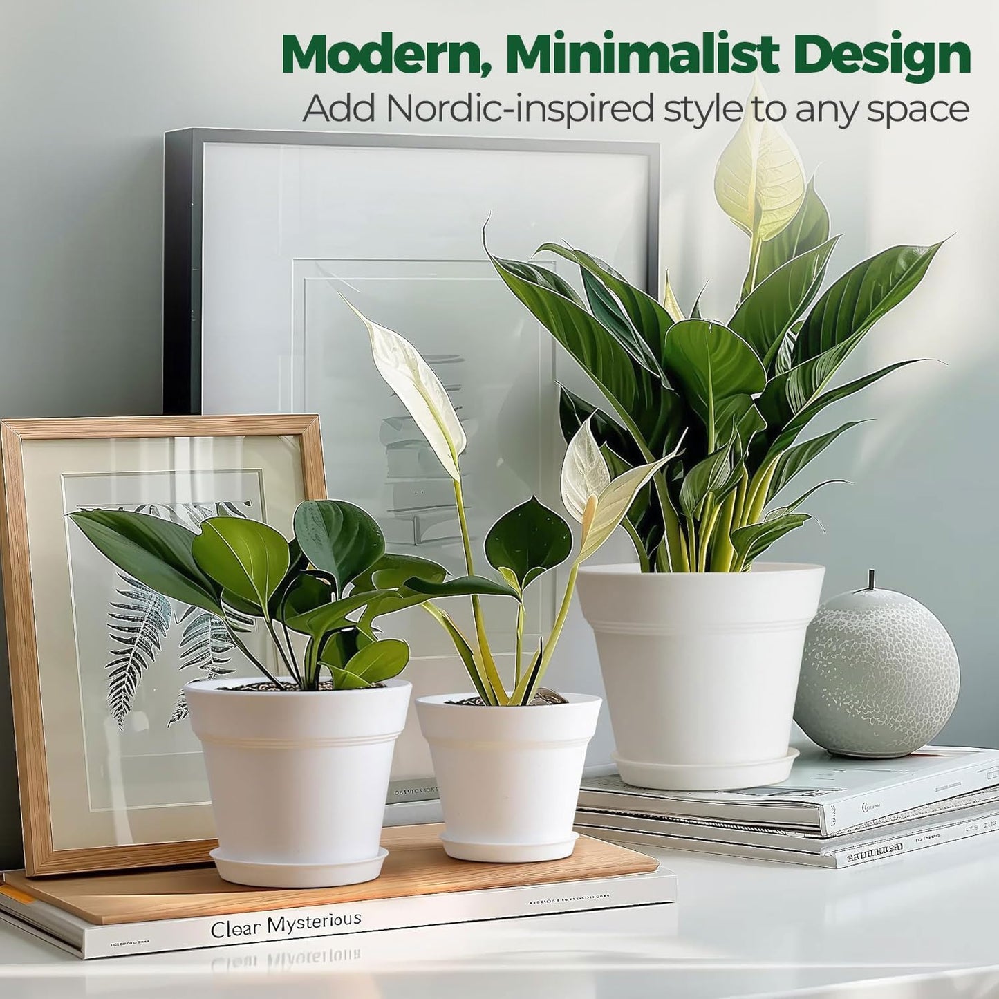 T4U 4 Inch Plant Pots 8-Pack, Small Flower Pots with Drainage Hole and Saucer, Decorative Nursery Pot Bulk for African Violet, Snake Plant, Succulent, Herb and Plants Indoor (8 Pcs 4" Pots, White)