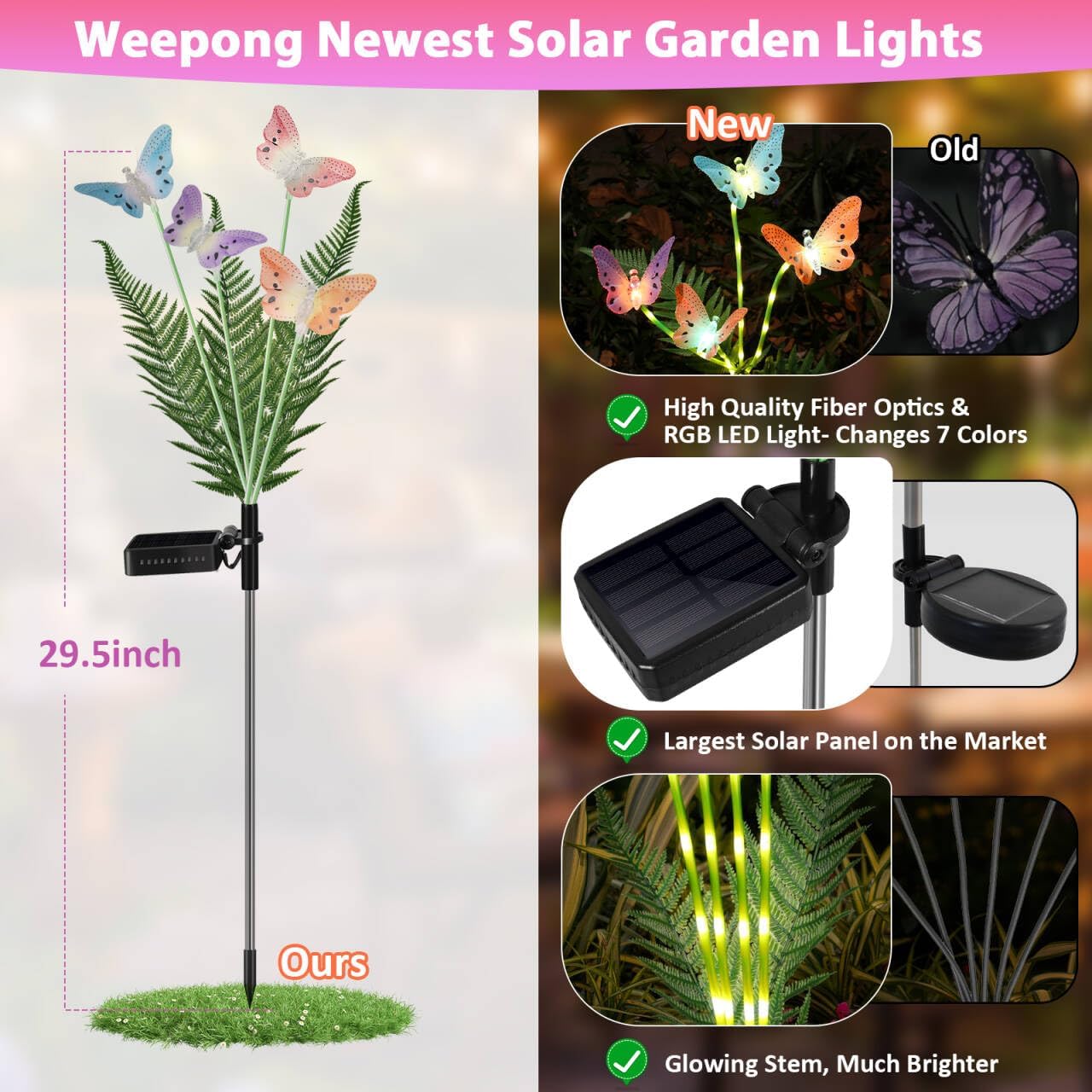 Solar Lights Outdoor Decorations Waterproof Newest Solar Garden Lights with Glowing Stems, 7-Color Changing Butterfly Flower Light for Outside Yard Pathway Garden Decor, Gift for Mother,2Pack