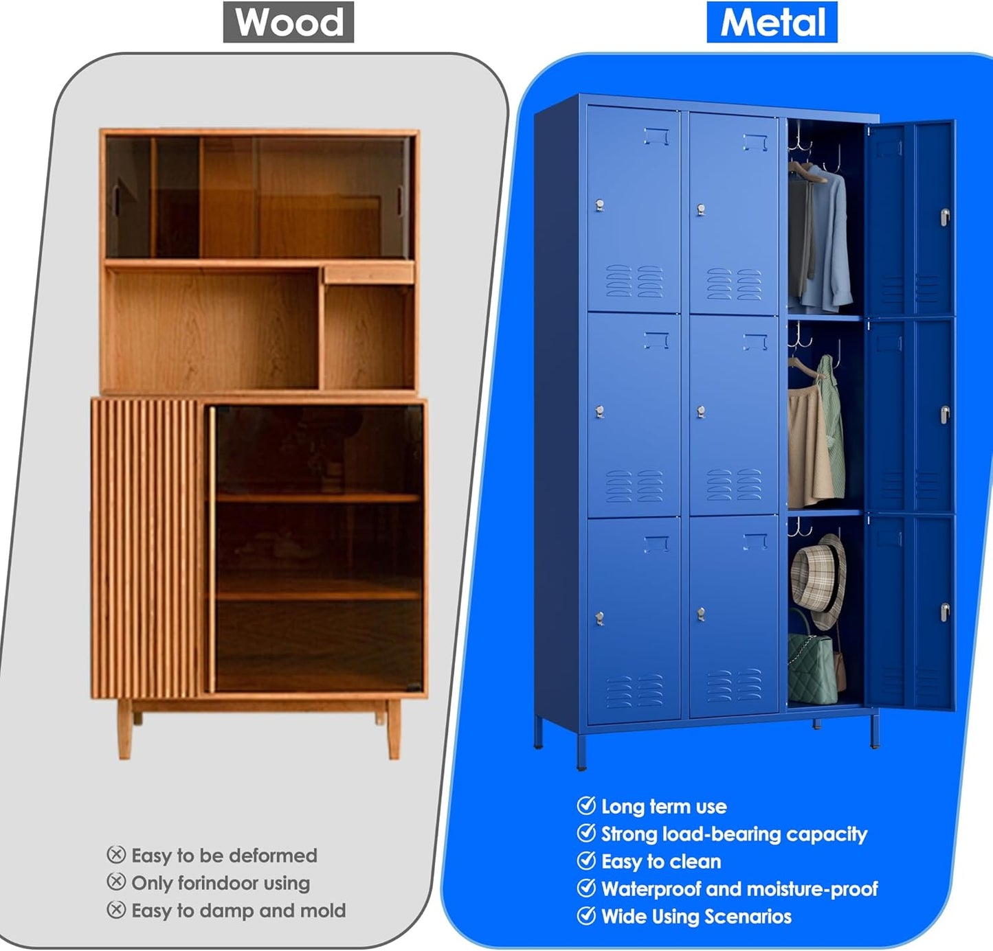 9 Doors Metal Locker for Employees with 27 Hooks and Business Card Holder,Metal Locker with Ventilation Holes for School Garage Office Gym Home,Assembly Required,Blue