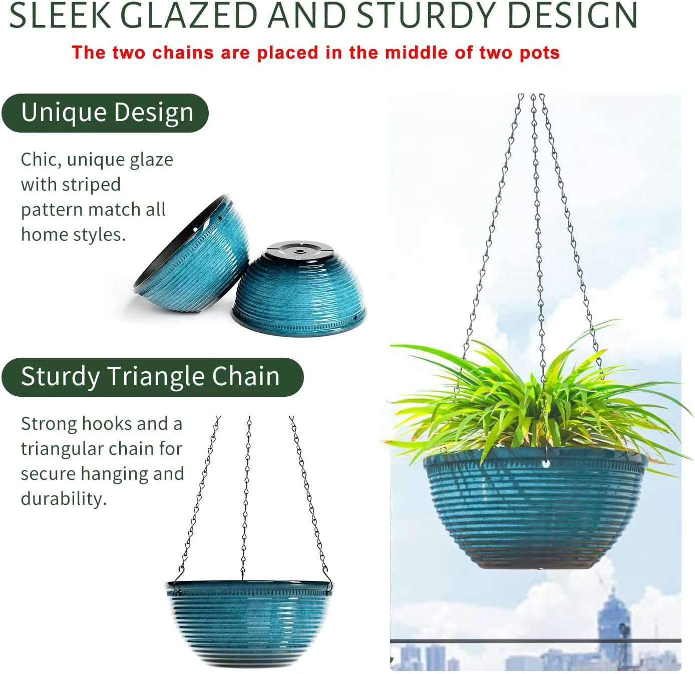 10in Hanging Planters for Indoor and Outdoor Plants, 2 Pack Hanging Planter with Drainage Hole, Round Hanging Flower Pots for Garden Home Decor (Blue)