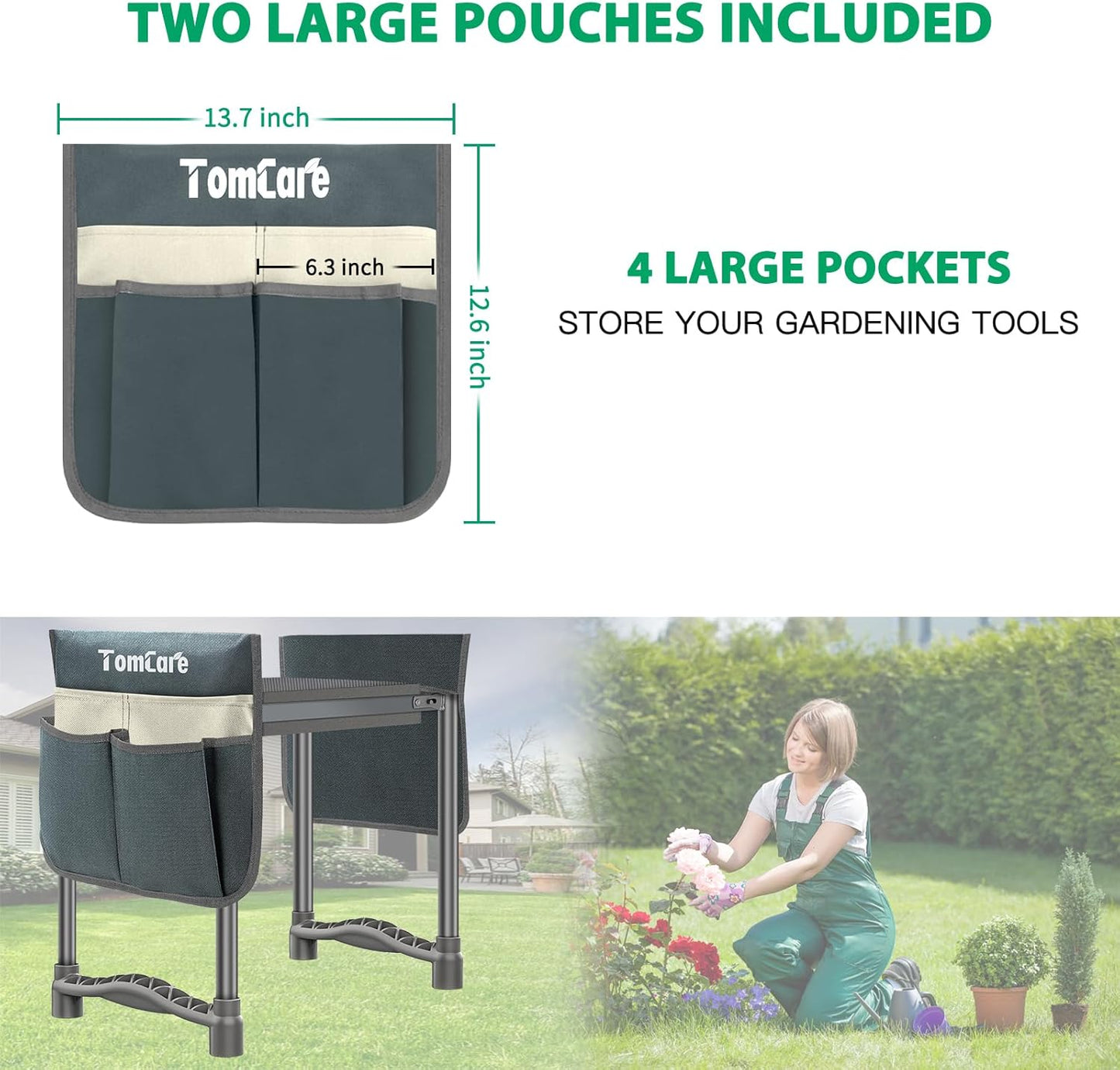 TomCare Garden Kneeler and Seat 10.64” Wider Larger Soft Kneeling Pad Garden Bench with 2 Large Tool Pouches Heavy Duty Garden Stool Foldable Tools Gardening Gifts for Women Men Gardeners,Grey