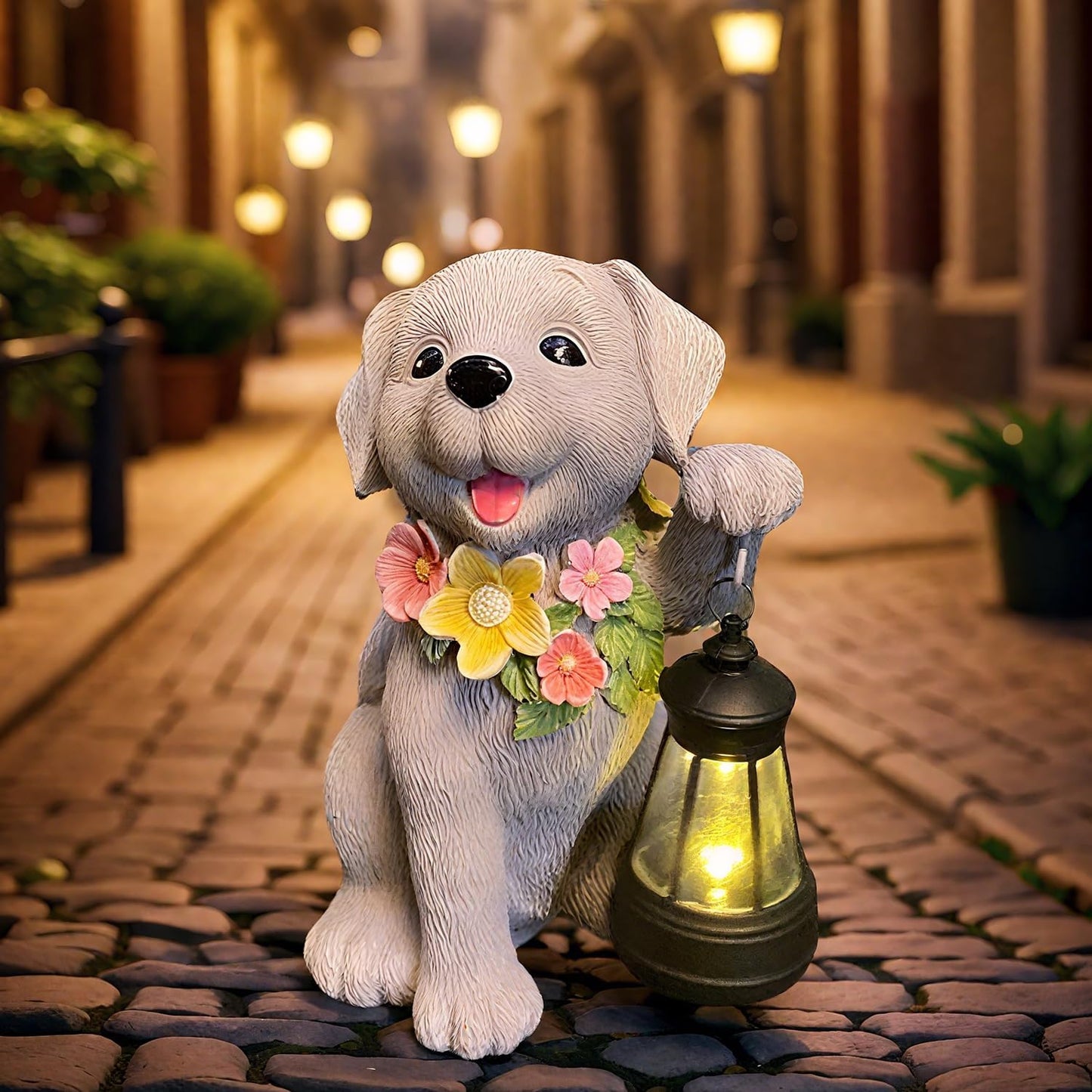 Solar Dog Statue for Garden, Dogs Solar Light with Lantern, Outdoor Cute Dog Statues for Yard, Lawn, Patio Decoration, Birthday, Housewarming, Gardening Gifts for Women