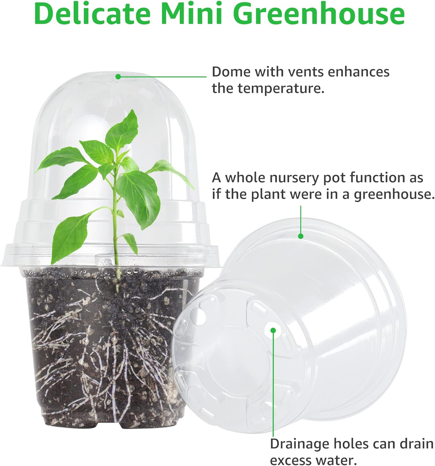 Bonviee 36 Packs 3.5/4/5 Inch Clear Nursery Pots with Humidity Domes, Variety Sizes Seed Starting Pots with Drainage Holes, Transparent Garden Containers for Succulents, Flowers and Cactus-Clear