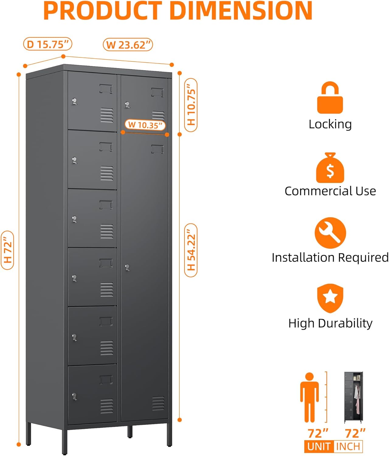 72" H Metal Storage Lockers with Doors and Rod,Industrial Combination Employee Lockers for Office,Home Gym,School,Assembly Required,7+1Doors,Grey