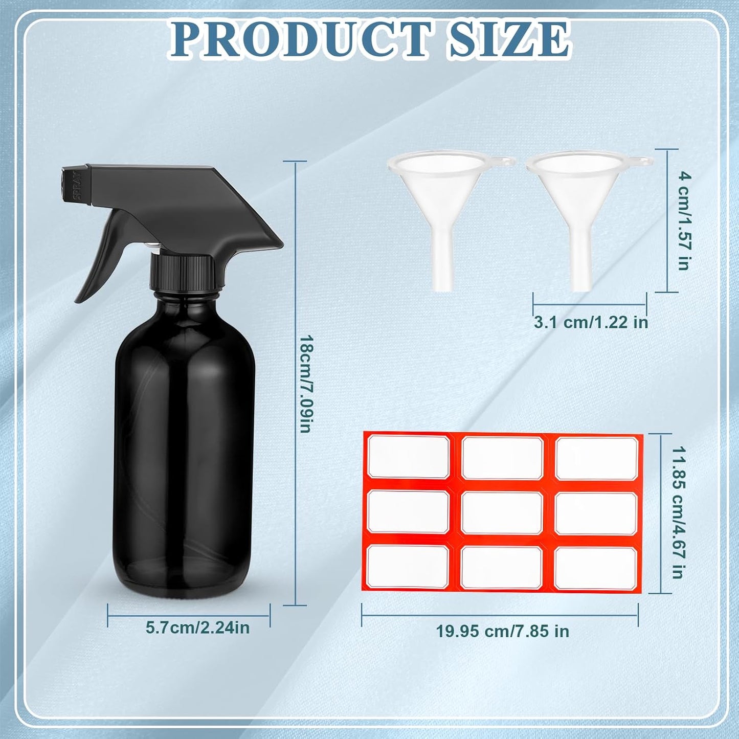 Norme 12 Pcs 8 oz Glass Spray Bottles with Funnels and Labels Refillable Cosmetic Empty Spray Bottles with Sprayer Containers for Essential Oil Cleaning Solutions(Black,Classic)