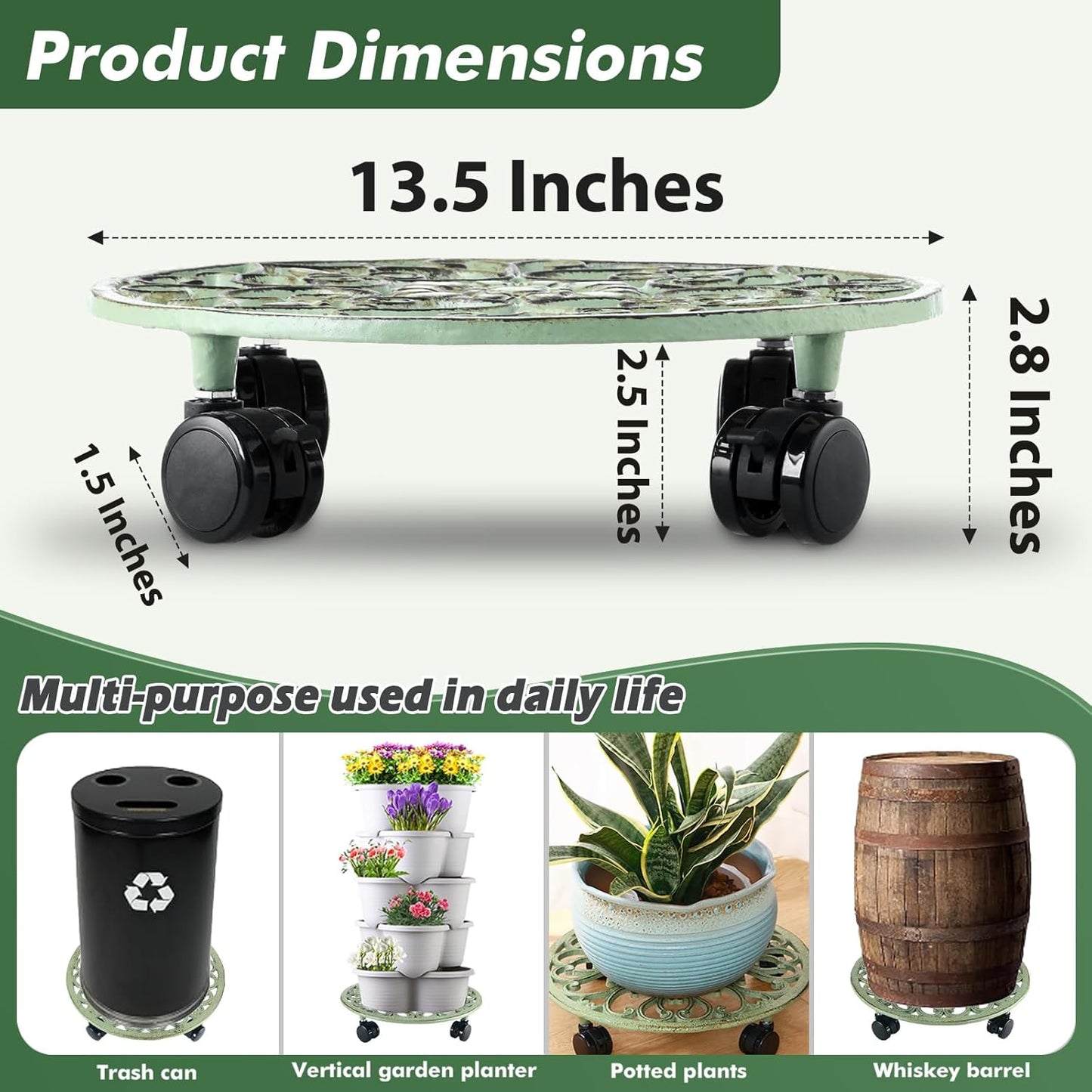 14 Inch Rolling Plant Stand with Wheels Metal Plant Caddy with Wheels Heavy Duty Round Plant Stand Indoor Iron Plants Rollers for Plants, Retro Green Plant Dolly 1 Pack