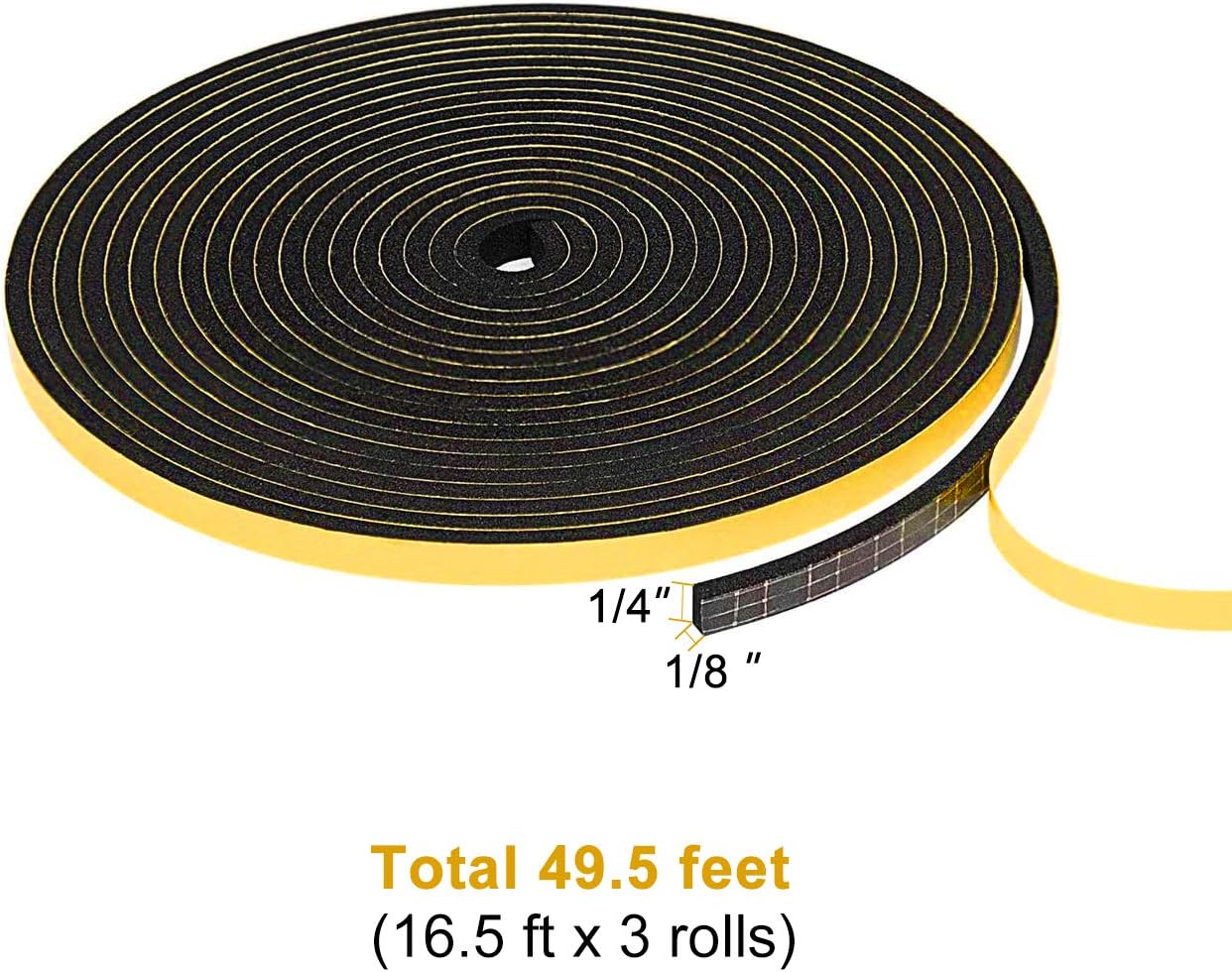 TORRAMI Adhesive Foam Tape 1/4" W X 1/8" T, Closed Cell Foam Weather Strip Seal Insulation for Door and Windows (Total 49.5 Ft Length, 3 Rolls of 16.5 Ft Each)
