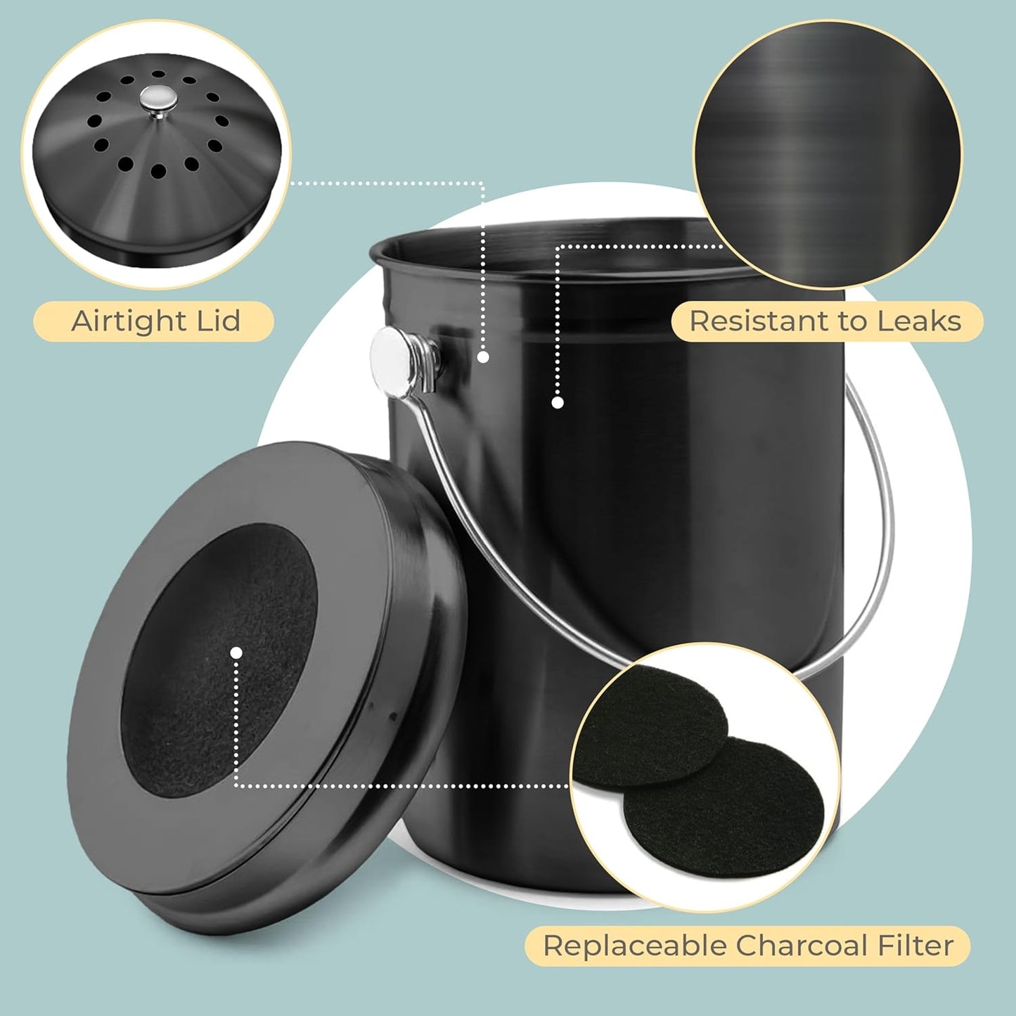 EPICA Countertop Compost Bin Kitchen | 1.3 Gallon | Odorless Composting Bin with Carbon Filters | Indoor Compost Bin with Lid | Stainless Steel Kitchen Composter for Food Scraps & Waste Recycling