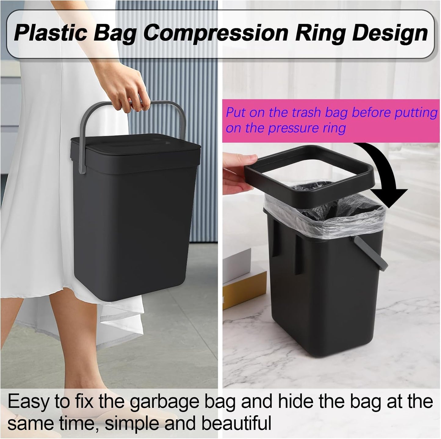 Compost Bin Kitchen, for use on Countertops or Under Sinks, Hanging Trash Can with Lid, for Cupboard/Bathroom/Bedroom/Office/Camping, Mountable Indoor Compost Bucket(Black 1.3 Gallon/5L)