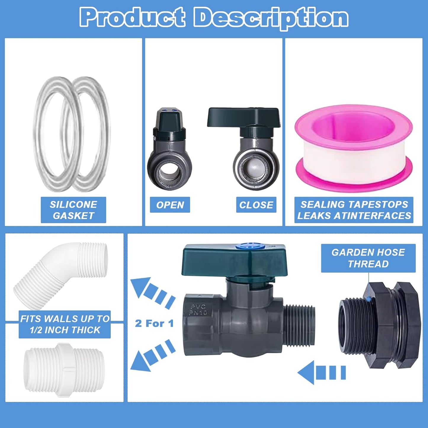 2 Pack PVC Rain Barrel 45°Elbow Spigot Kit, 3/4 Inch Rain Barrel Valve with Bulkhead Connector and Hose Adapter, Garden Faucet Kit for Water Tanks, Aquariums, Pools, Garden Barrels