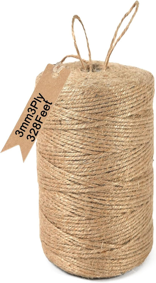 ARISKEY Natural Jute Twine 3mm,328 Feet Garden String Brown Cord Suitable for Crafting and Weaving Projects,Gardening Purposes and Outdoor Heavy-Duty Use