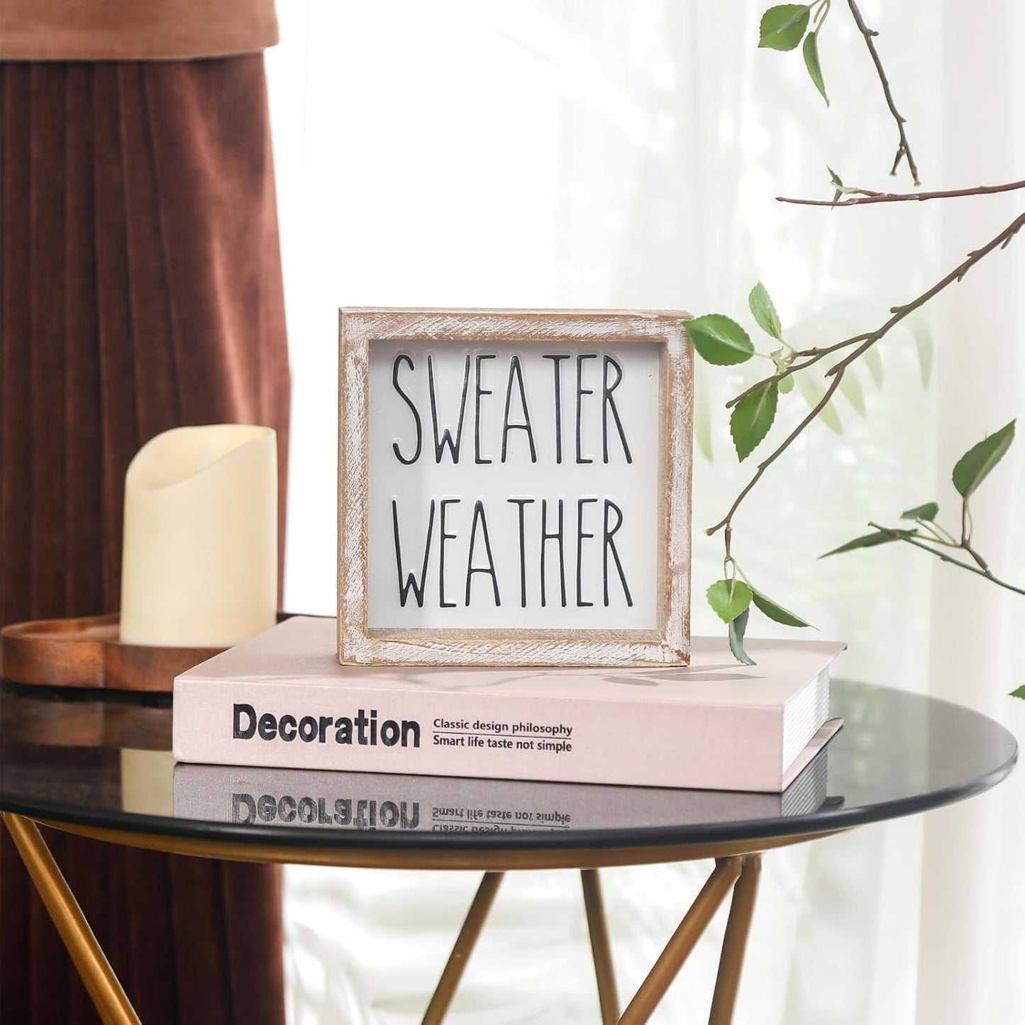 Embossed Sweater Weather Sign, Rustic Fall Decorations for Home, Fall Centerpieces for Table Cubicle Desk Mantel Fireplace, Autumn Tiered Tray Decor