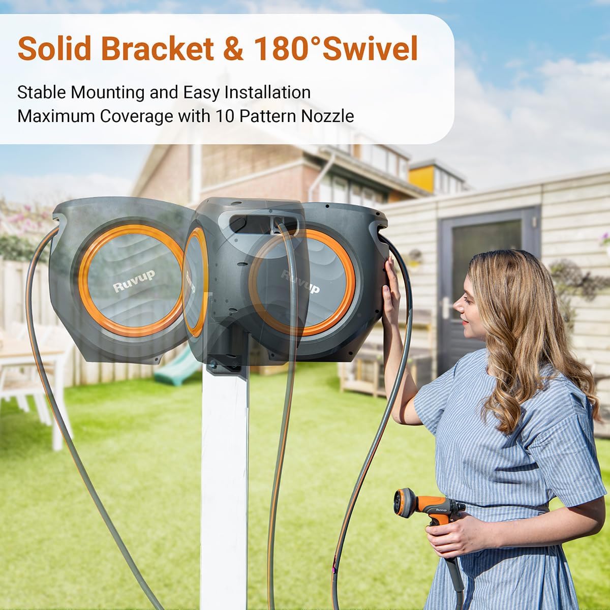 Ruvup Retractable Garden Hose Reel, 5/8in x 100ft Water Hose Reel with Metal Bracket, UV Resistant Automatic Hose Reel Wall Mount for Outside, Slow Retraction Any Length Lock 10 Spray Nozzle