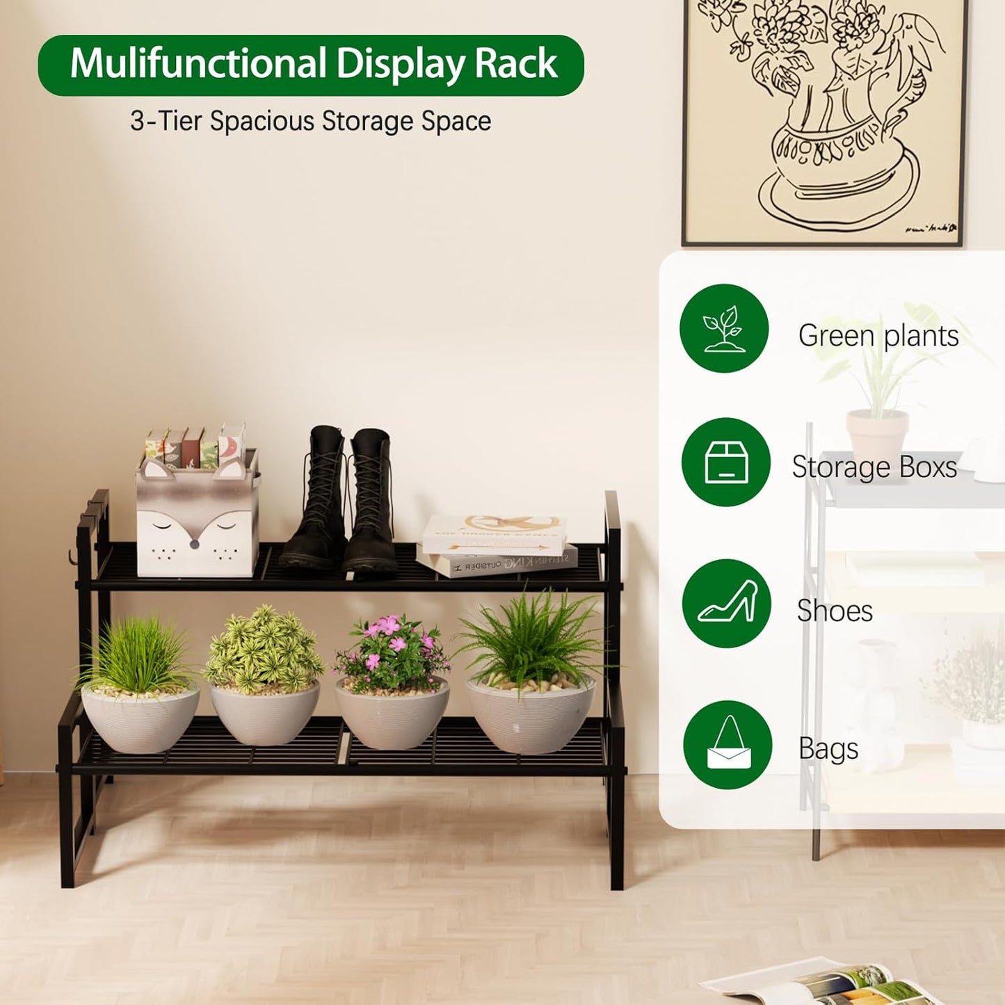 Garden 4 you 2 Tier Metal Plant Stand Outdoor Indoor Waterproof, Stackable Heavy Duty Tall Plant Shelf Flower Pot Holder for Garden, Display Rack, Black