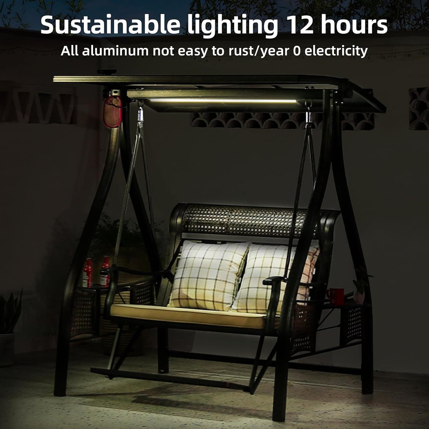 2/3-Seat Outdoor Patio Porch Swing with Adjustable Aluminum Alloy Canopy Solar Patio Swing Chair Bench with Footrest Side Cup Holder for Backyard Lawn (L-Aluminum Mesh Red Copper-3 Seat)