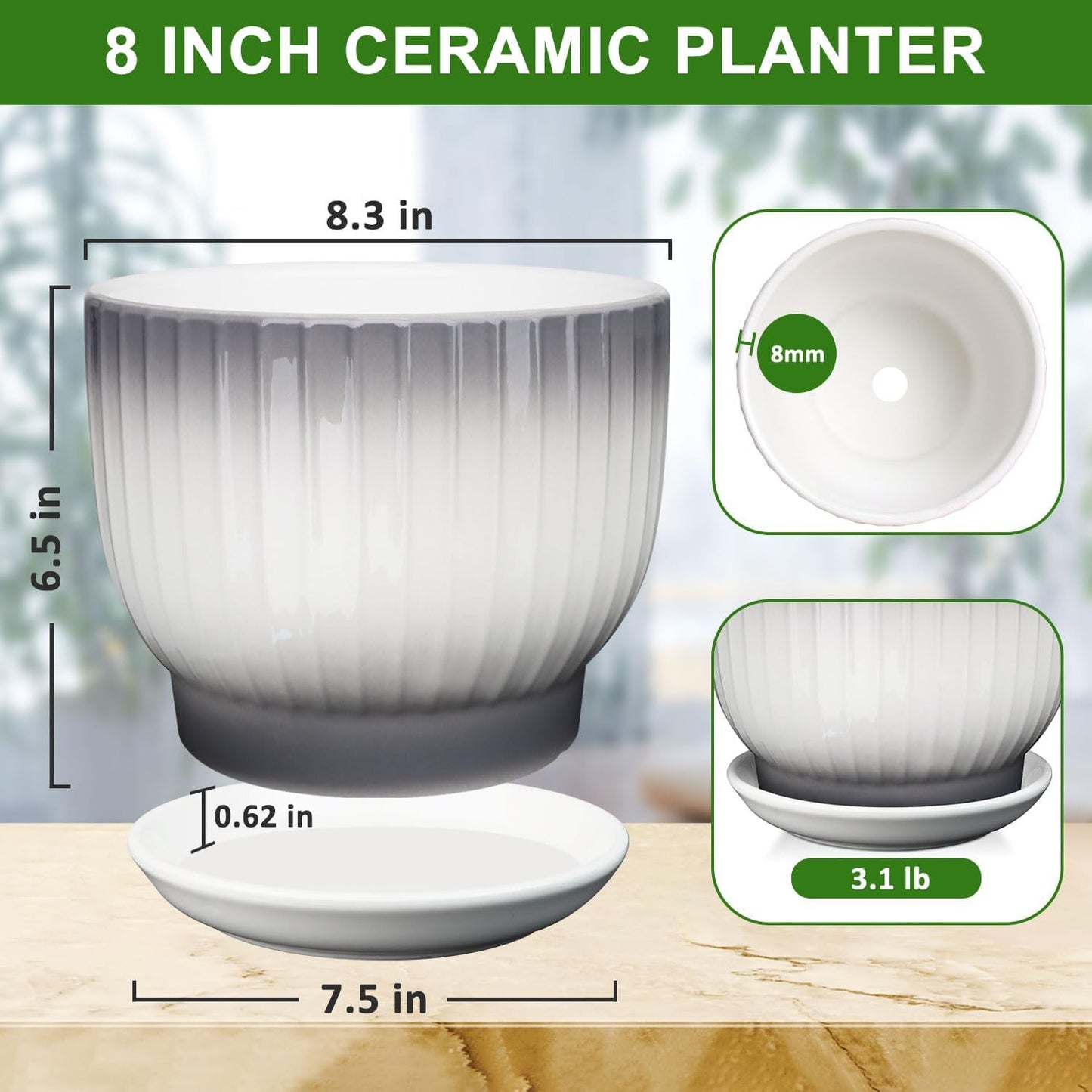 8 Inch Plant Pot, Ceramic Planter with Drainage and Saucer, Ceramic Pots for Plants, Indoor Plant pots,Ceramic Flower pots(Gray + White, Plants NOT Included)