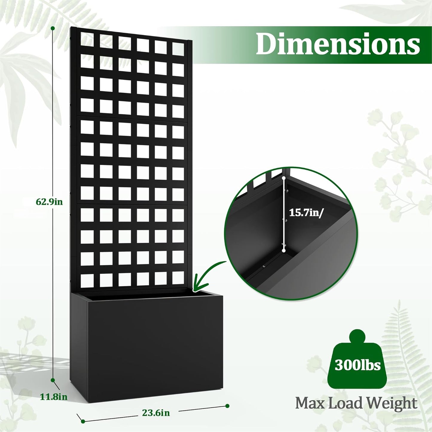 Metal Raised Garden Bed with Trellis, 2 in 1 Trellis with Planter Box & Privacy Screen for Climbing Plants, Vine, Outdoor Standing Flower Beds with Drainage Holes, 23.6"L x 11.8"W x 63"H, Black